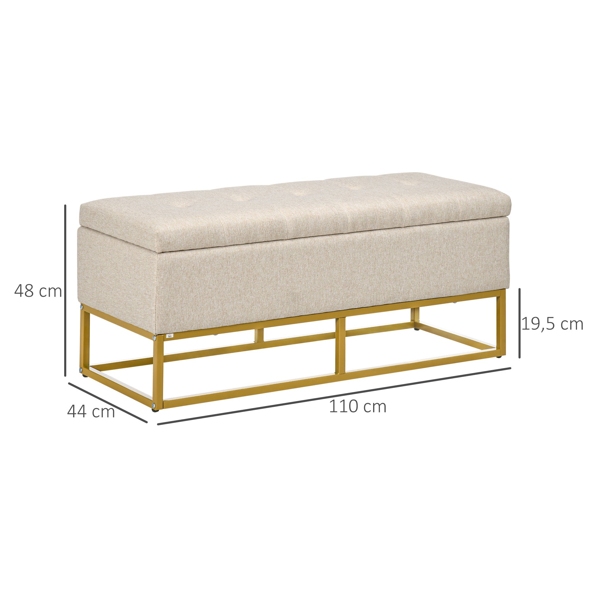 Banco de Armazenamento Retangular Estofado – 110x44x48 cm – Bege – Linho Sintético