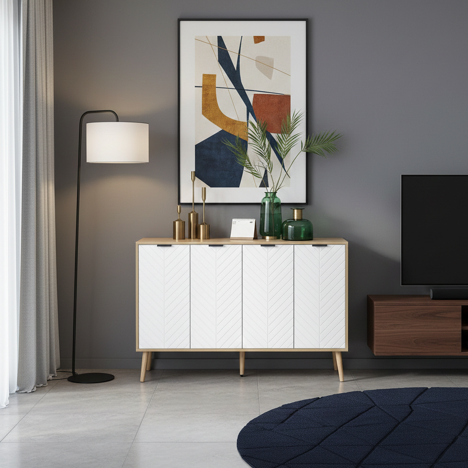 Aparador de Cozinha Moderno – 120x35x77,4 cm – Branco e Madeira