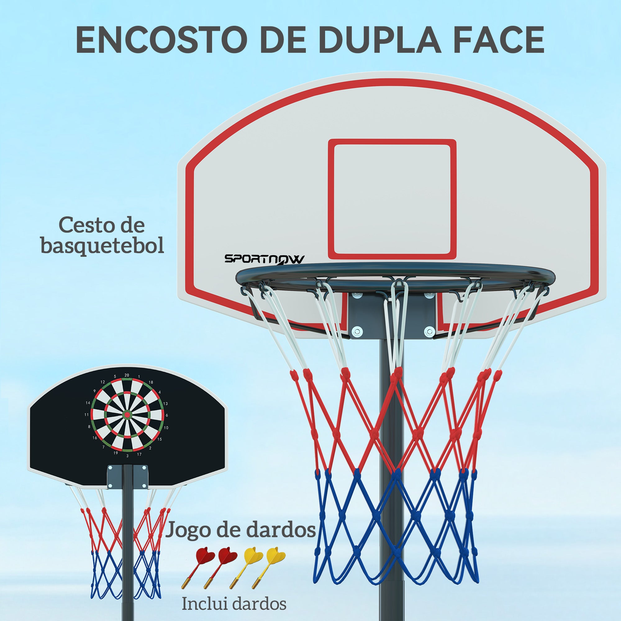 Tabela de Basquetebol e Alvo de Dardos Portátil - 75x55x247 cm - Preto
