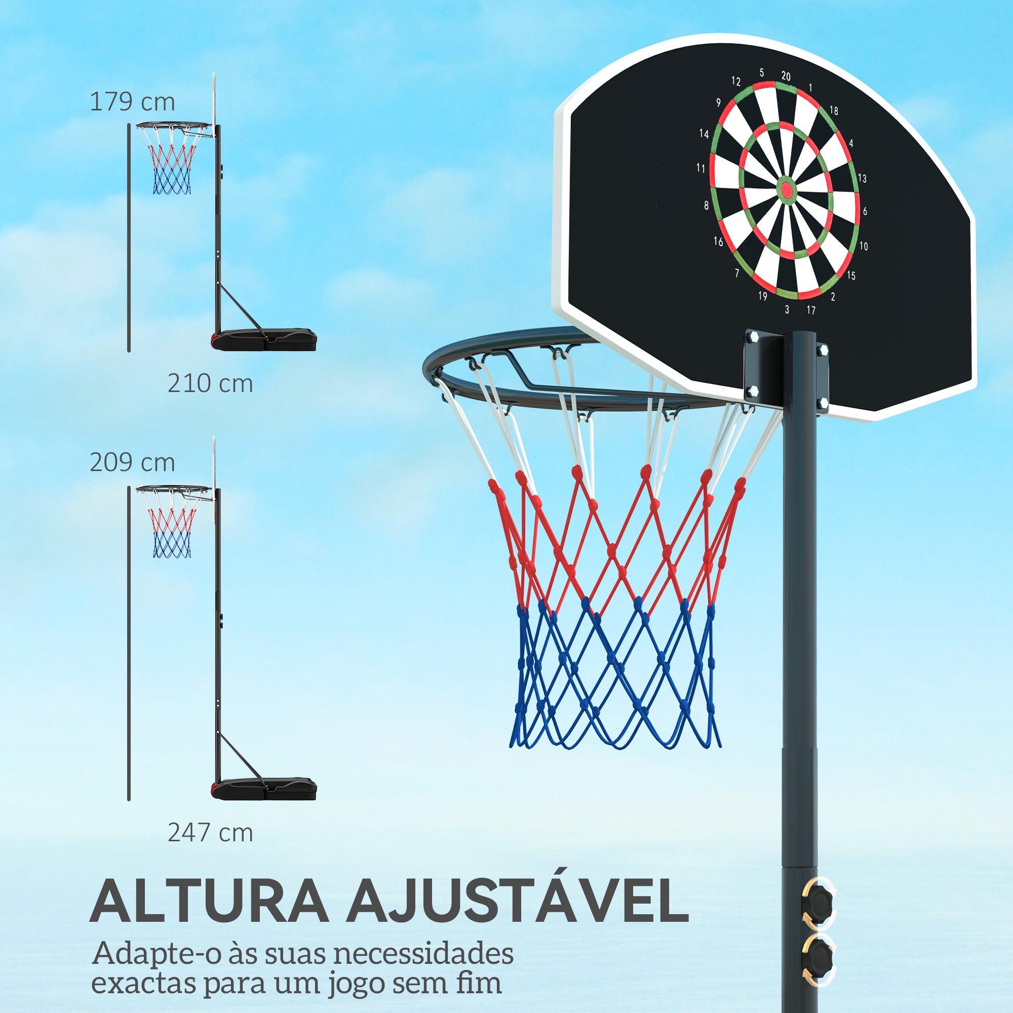 Tabela de Basquetebol e Alvo de Dardos Portátil - 75x55x247 cm - Preto