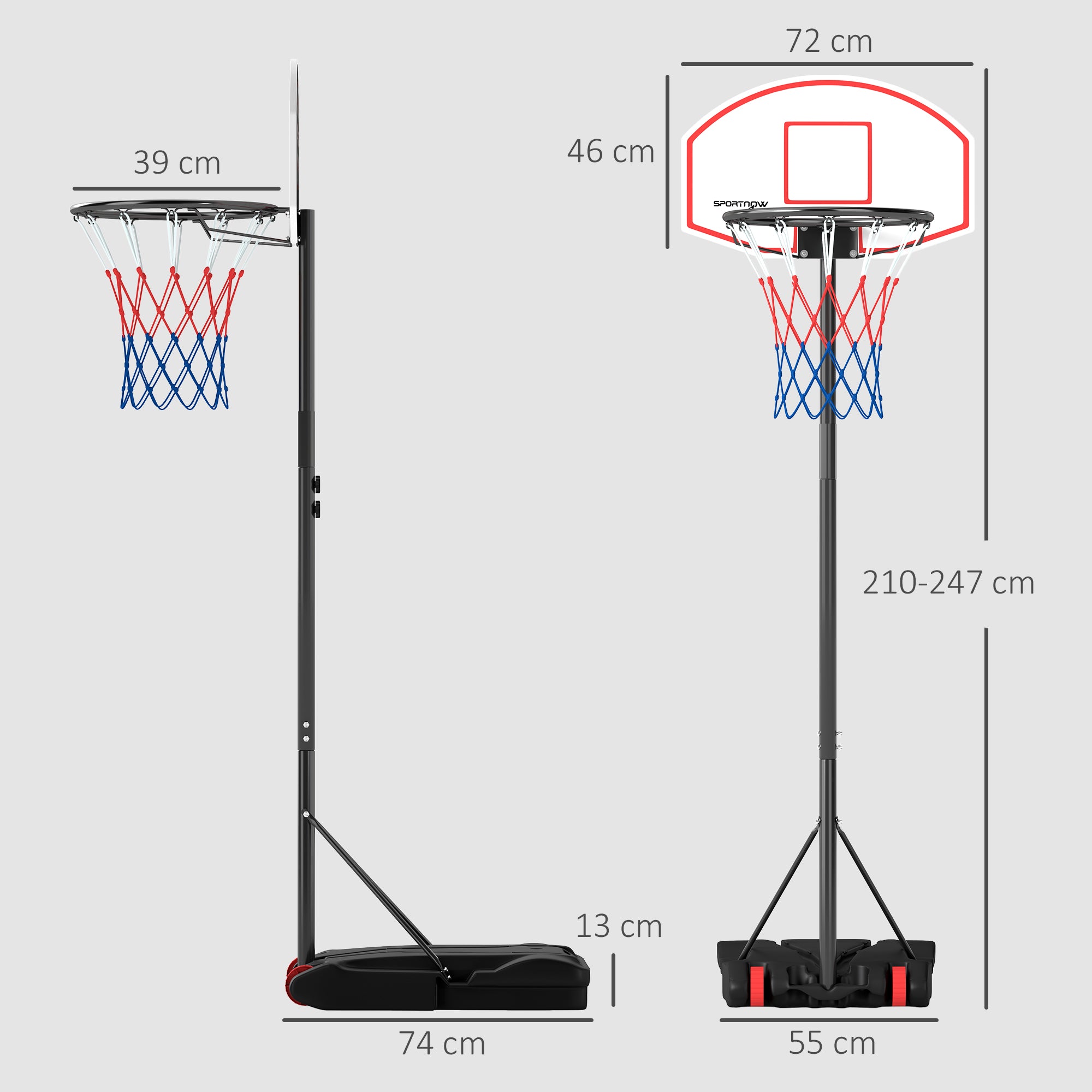 Tabela de Basquetebol e Alvo de Dardos Portátil - 75x55x247 cm - Preto