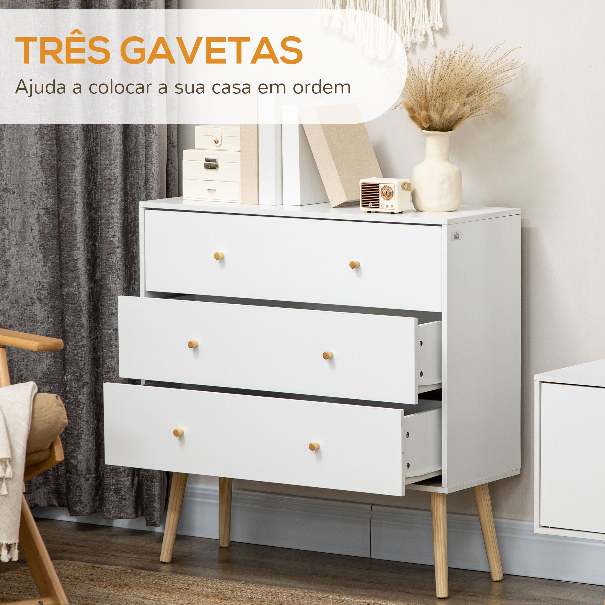 Cómoda com 3 Gavetas 80x30x80 cm Branco e Madeira