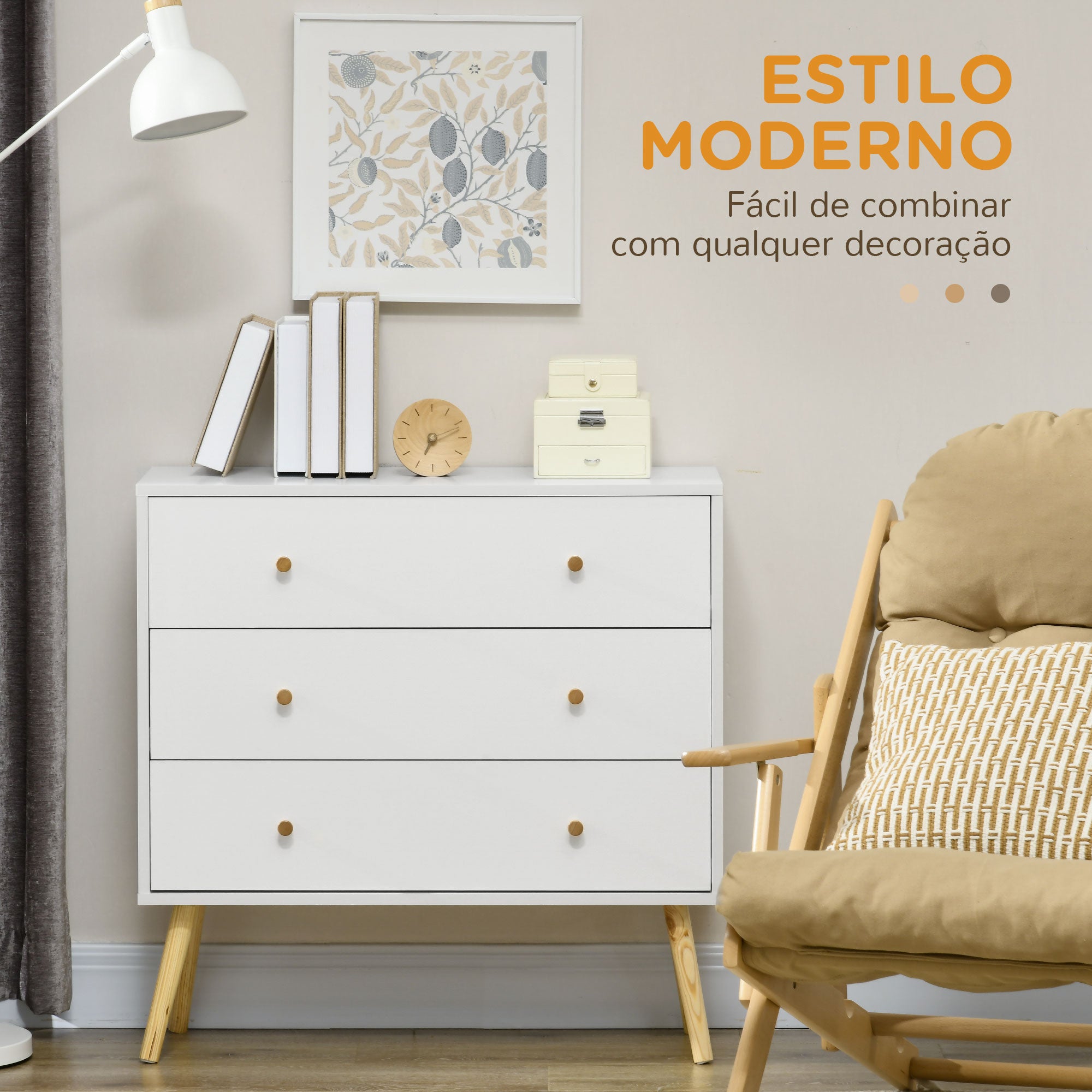 Cómoda com 3 Gavetas 80x30x80 cm Branco e Madeira