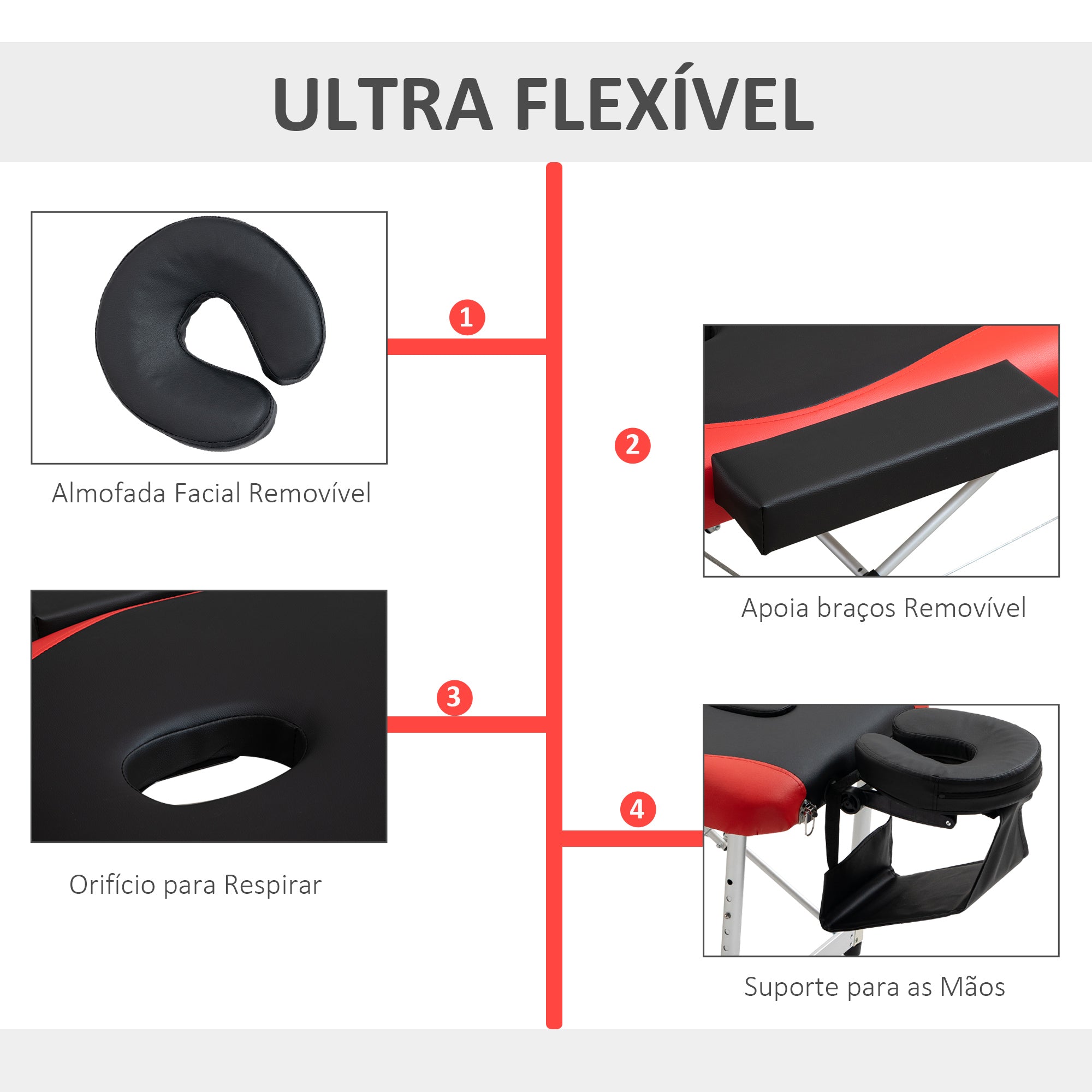 Marquesa de Massagem Dobrável 215x60x61-84 cm Preto e Vermelho
