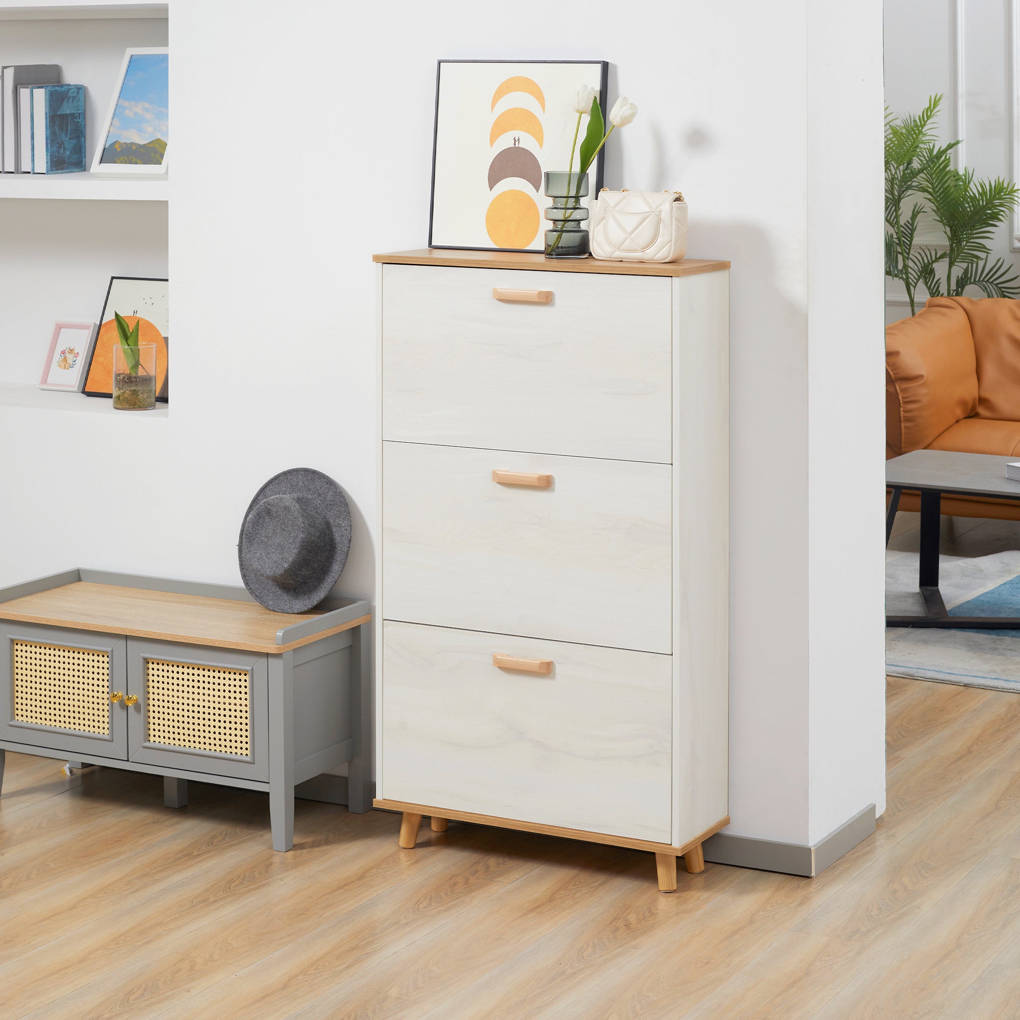 Sapateira Moderna com 3 Gavetas Abatíveis para 12 Pares de Sapatos 70x23,5x122cm Branco e Madeira