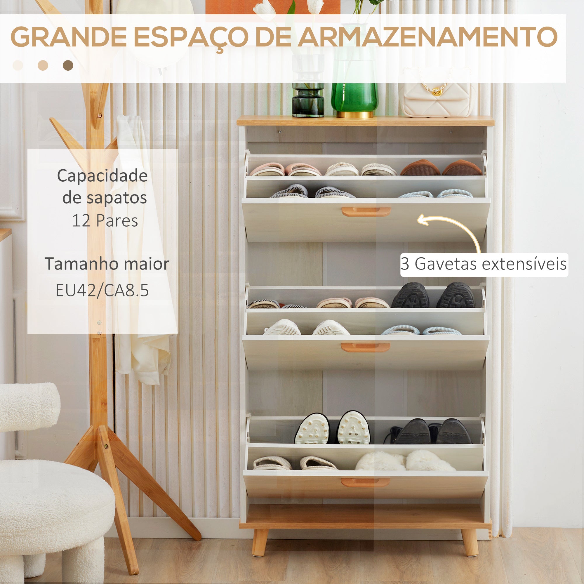 Sapateira Moderna com 3 Gavetas Abatíveis para 12 Pares de Sapatos 70x23,5x122cm Branco e Madeira