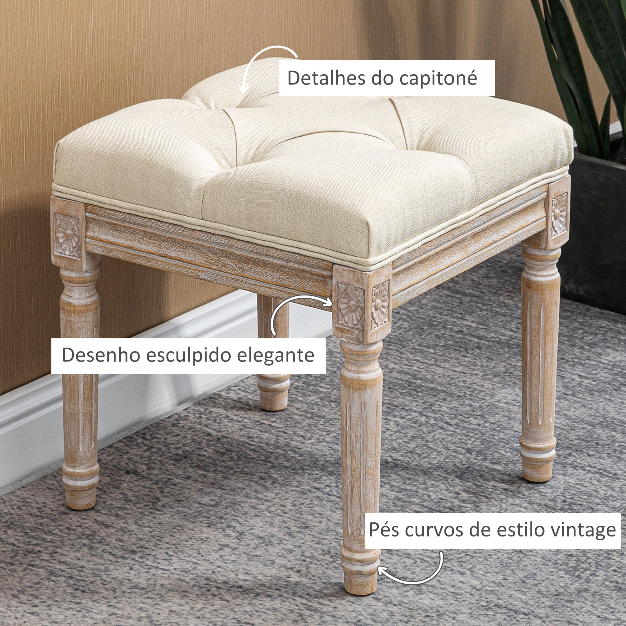 Banco Estilo Vintage Capitonê 40x40x43 cm Bege