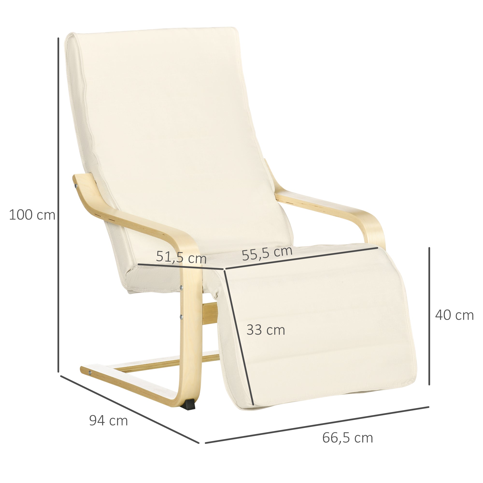 Poltrona Relax – 66,5x94x100 cm – Creme Branco – Madeira de Bétula