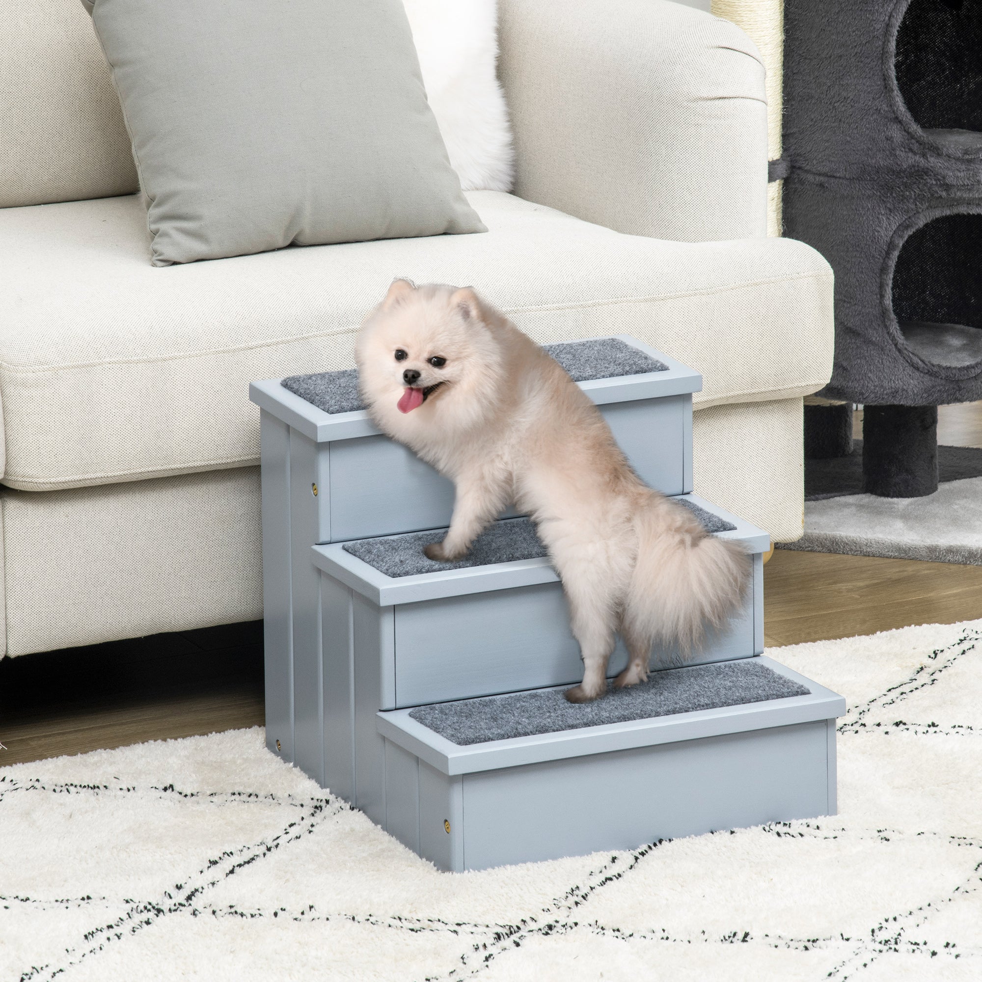 Escada para Animais de Estimação com 3 Degraus - 40,5x44,5x38 cm - Cinza
