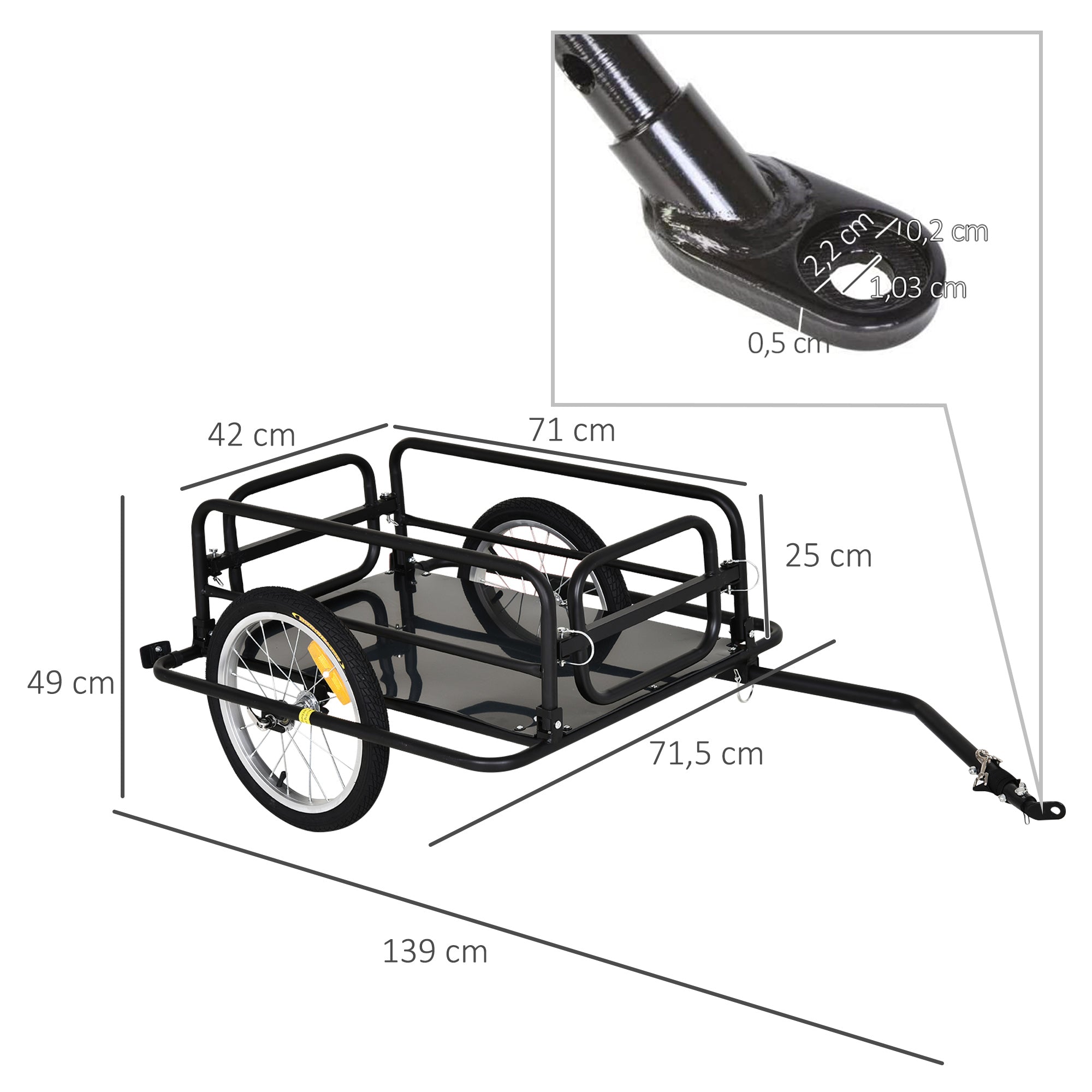 Reboque de Bicicleta para Carga 50kg Negro 139x71,5x49 cm Armação de Aço Leve