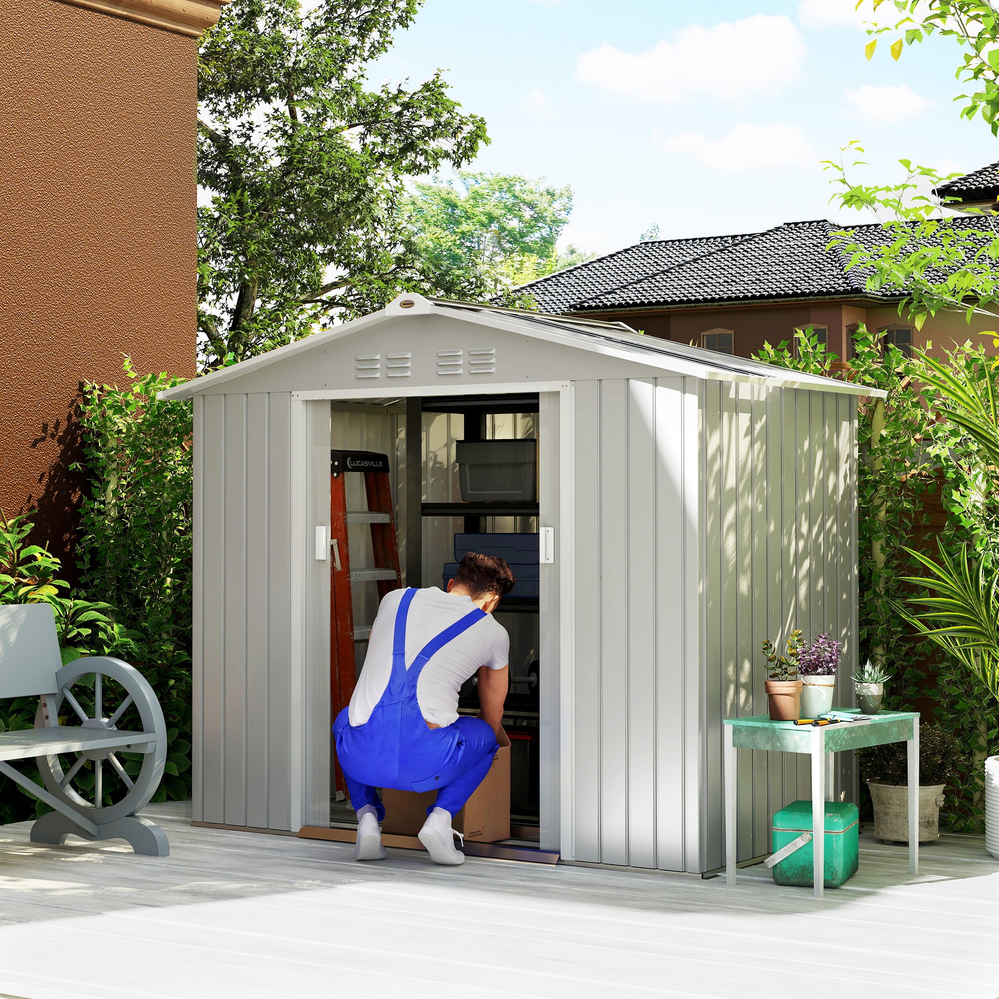 Abrigo de Jardim Metálico 213x130x185 cm - Cinza Claro