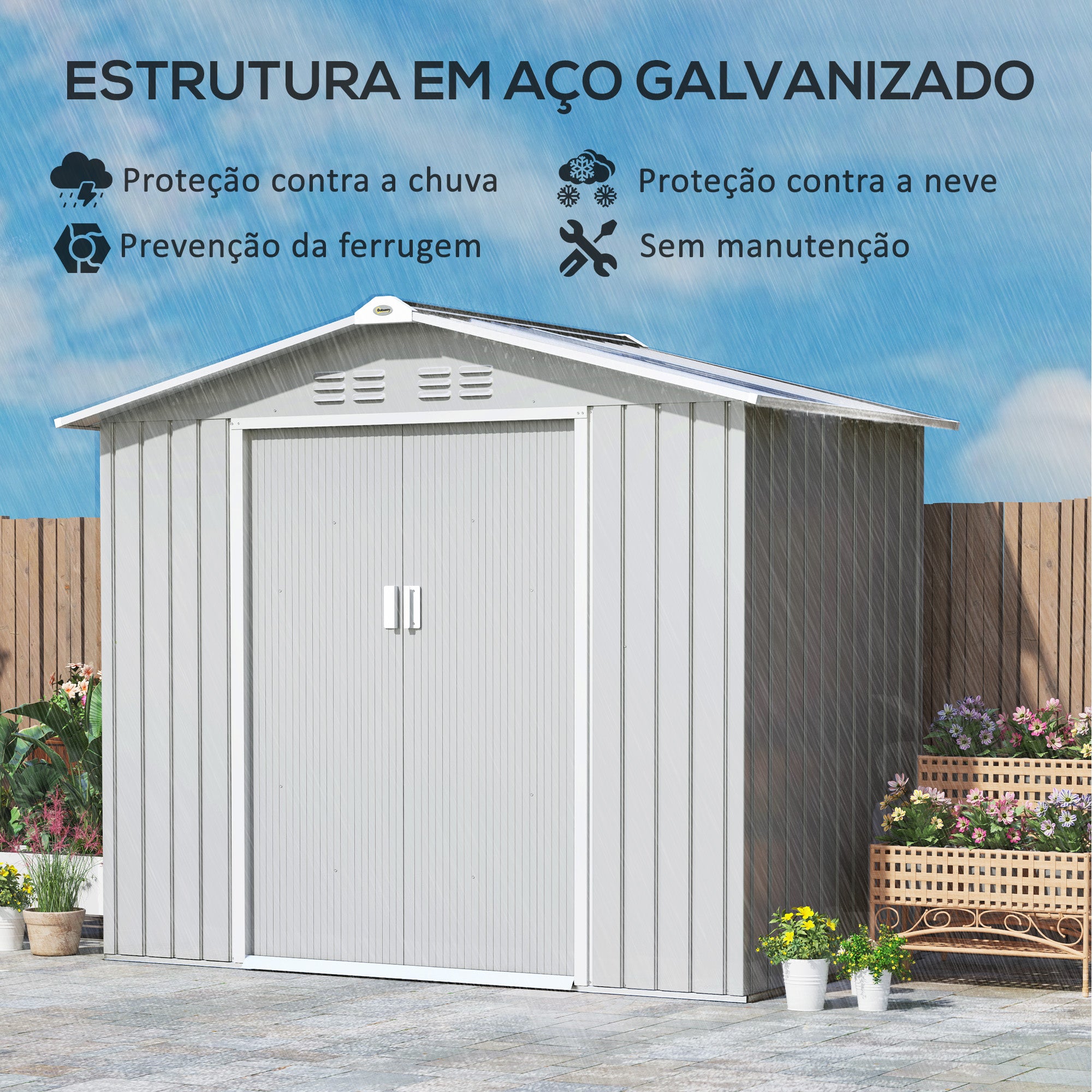 Abrigo de Jardim Metálico 213x130x185 cm - Cinza Claro