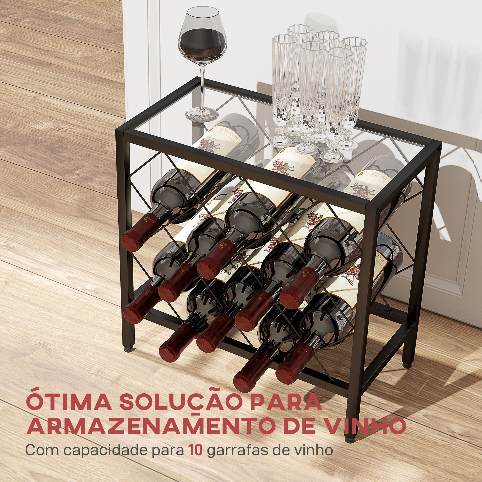Suporte para Garrafas de Vinho Preto 41x22x41 cm - Bancada em Vidro Temperado