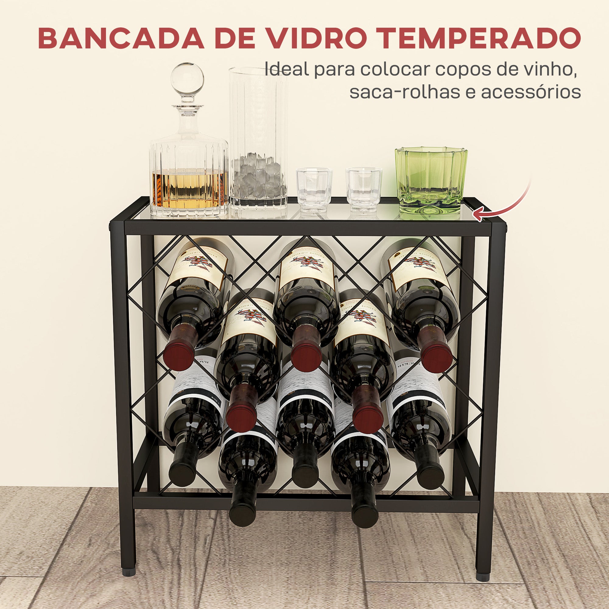 Suporte para Garrafas de Vinho Preto 41x22x41 cm - Bancada em Vidro Temperado
