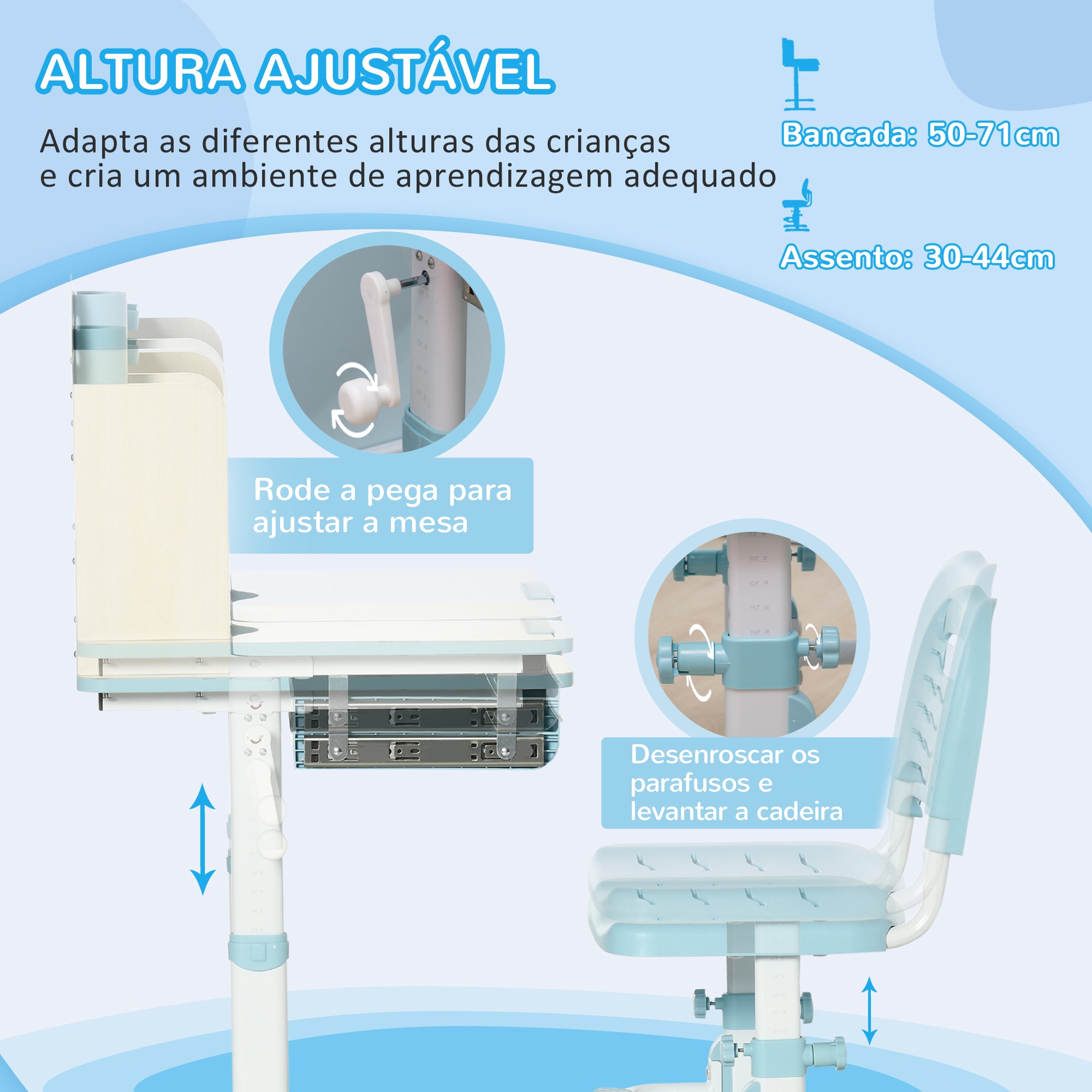 Conjunto de Secretária e Cadeira para Crianças – 80x52x88·109cm – Azul – MDF, PP e aço