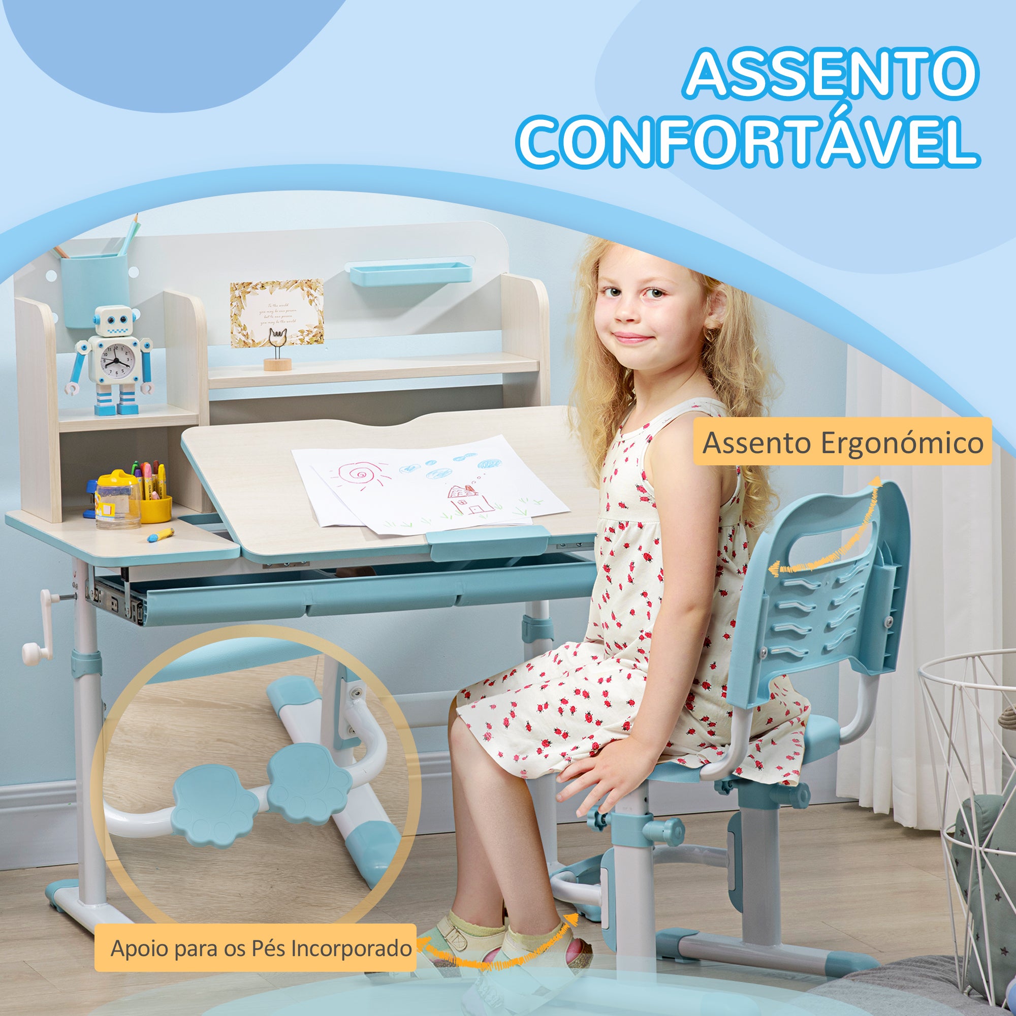 Conjunto de Secretária e Cadeira para Crianças – 80x52x88·109cm – Azul – MDF, PP e aço