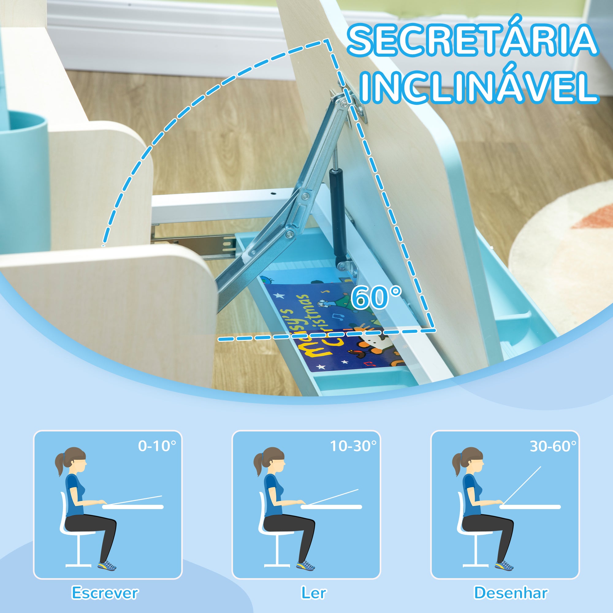 Conjunto de Secretária e Cadeira para Crianças – 80x52x88·109cm – Azul – MDF, PP e aço