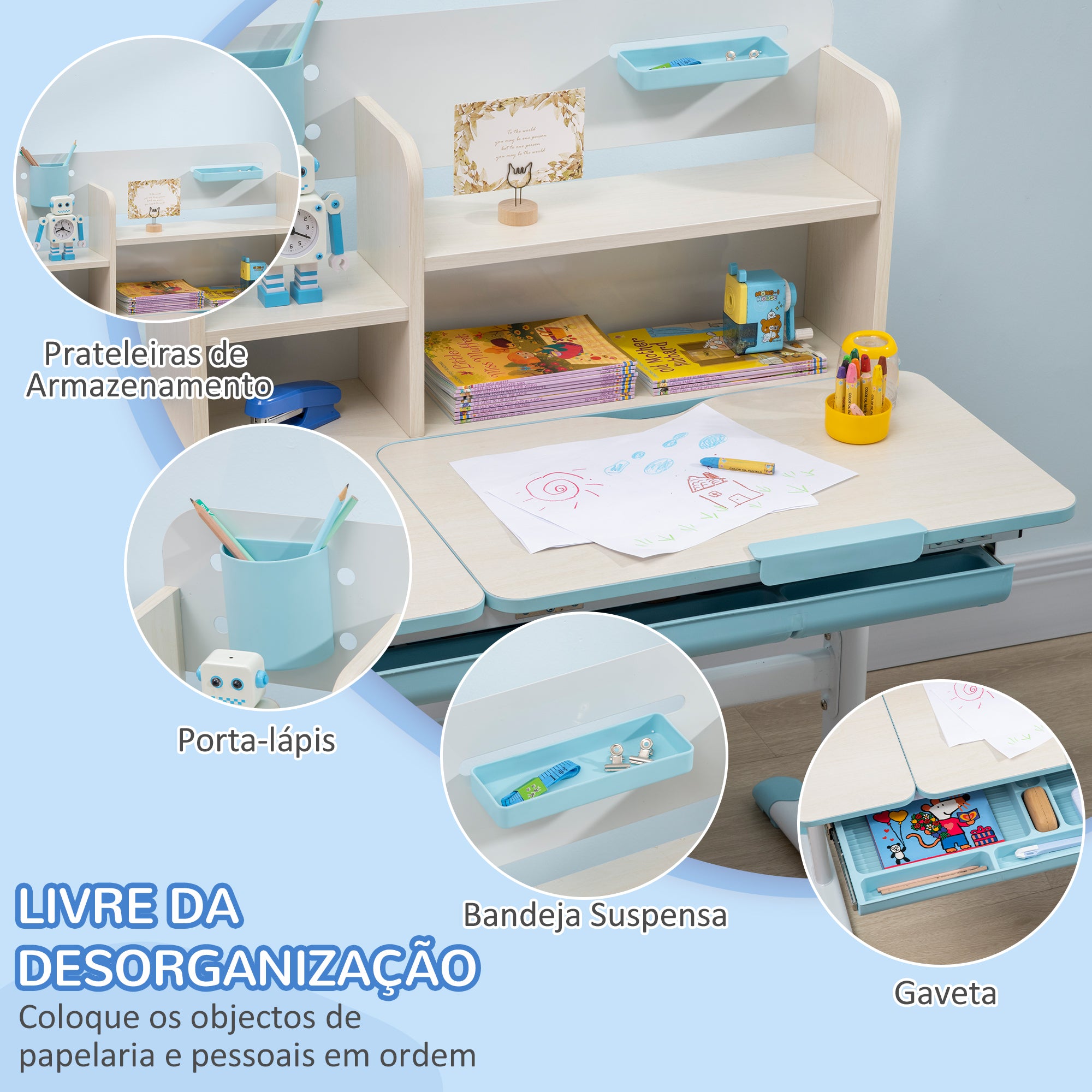 Conjunto de Secretária e Cadeira para Crianças – 80x52x88·109cm – Azul – MDF, PP e aço