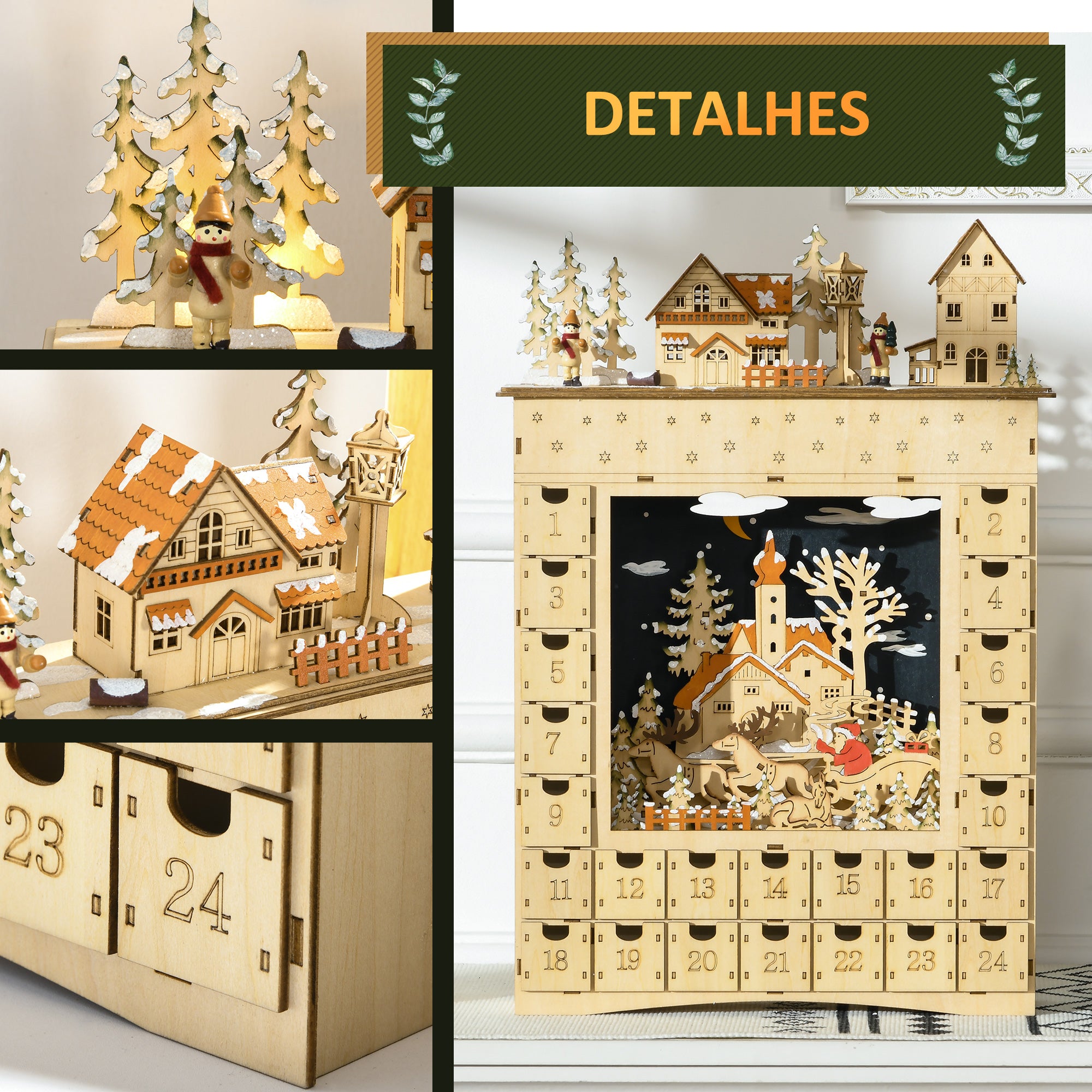 Calendário de Advento – 36x9x52 cm – Cor de Madeira Natural – Madeira Compensada