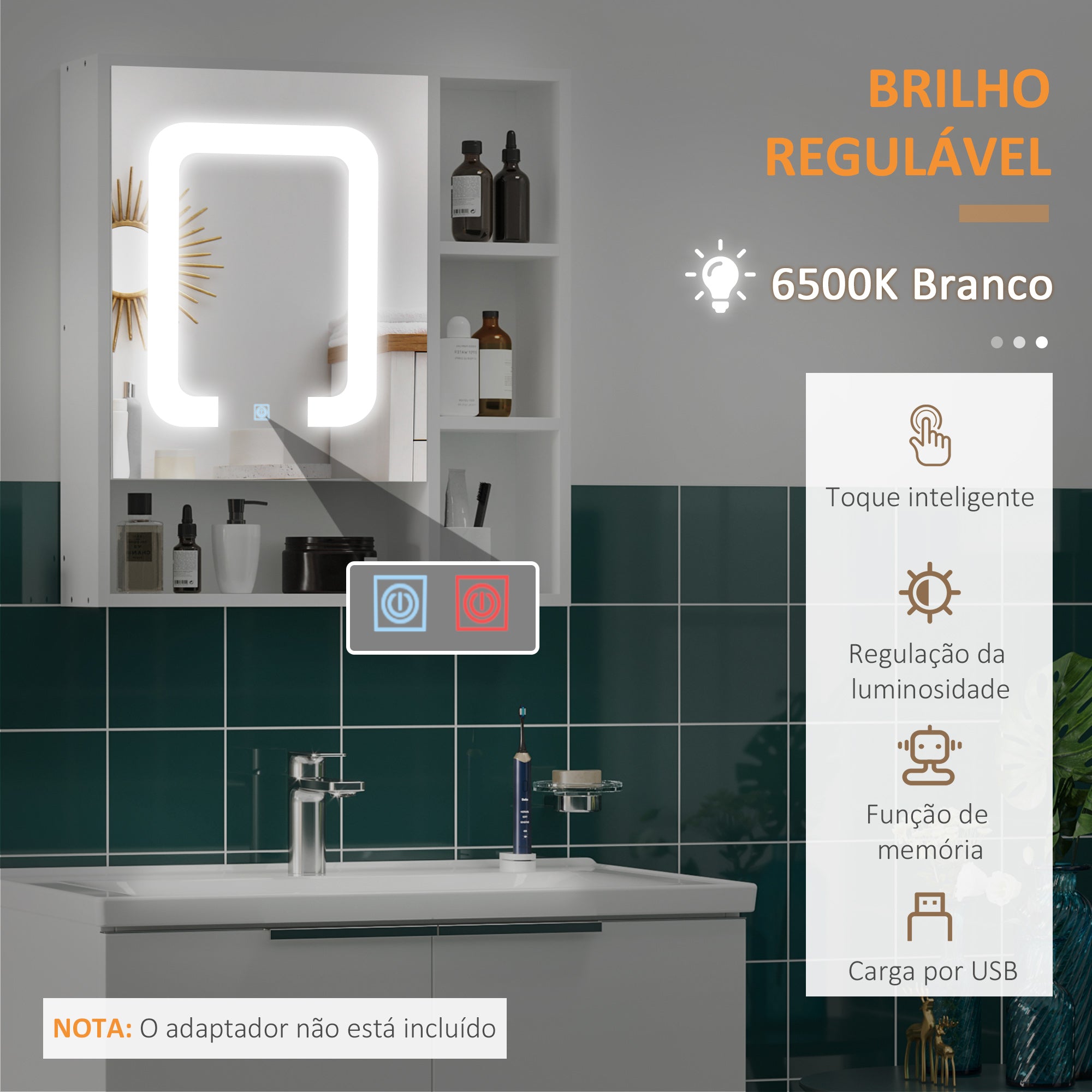 Armário de Casa de Banho com Espelho LED 60x15x65cm - Branco
