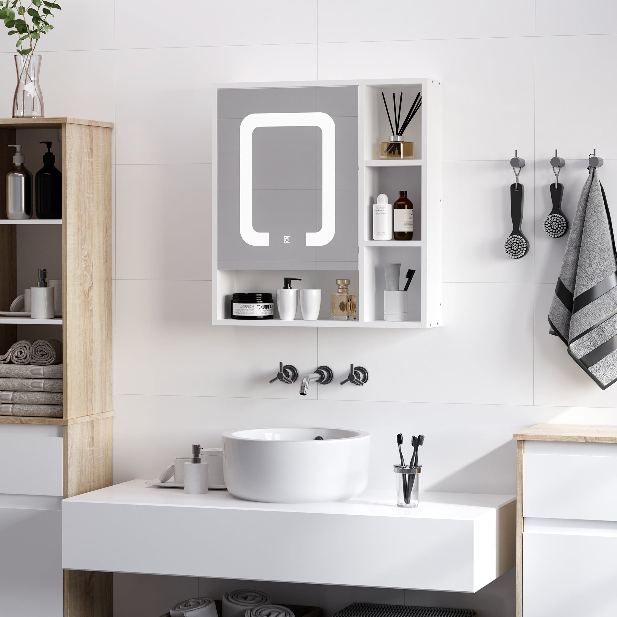 Armário de Casa de Banho com Espelho LED 60x15x65cm - Branco