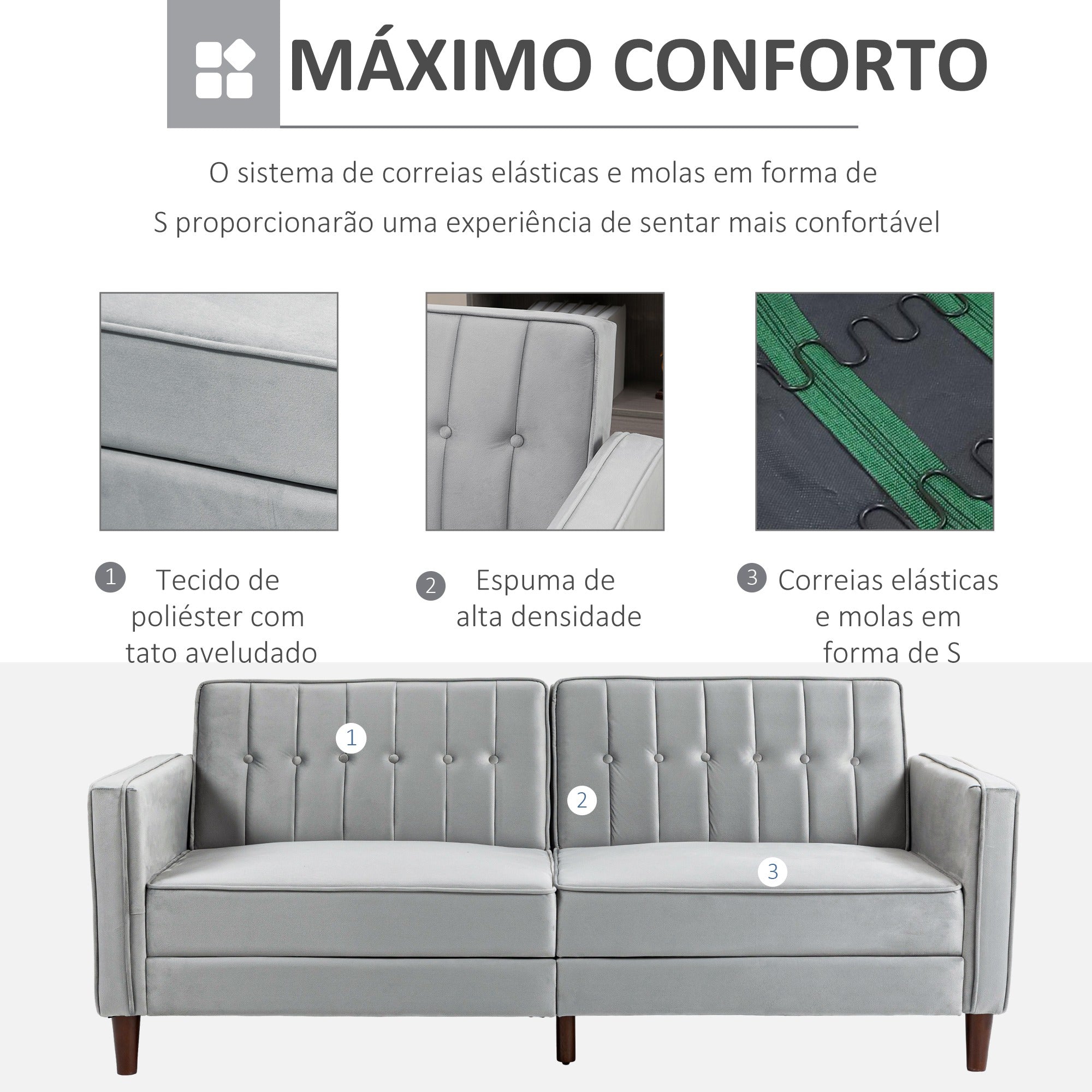 Sofá 2 Lugares Conversível em Cama Aveludada - 189x80,5x78,5 cm - Cinza Claro