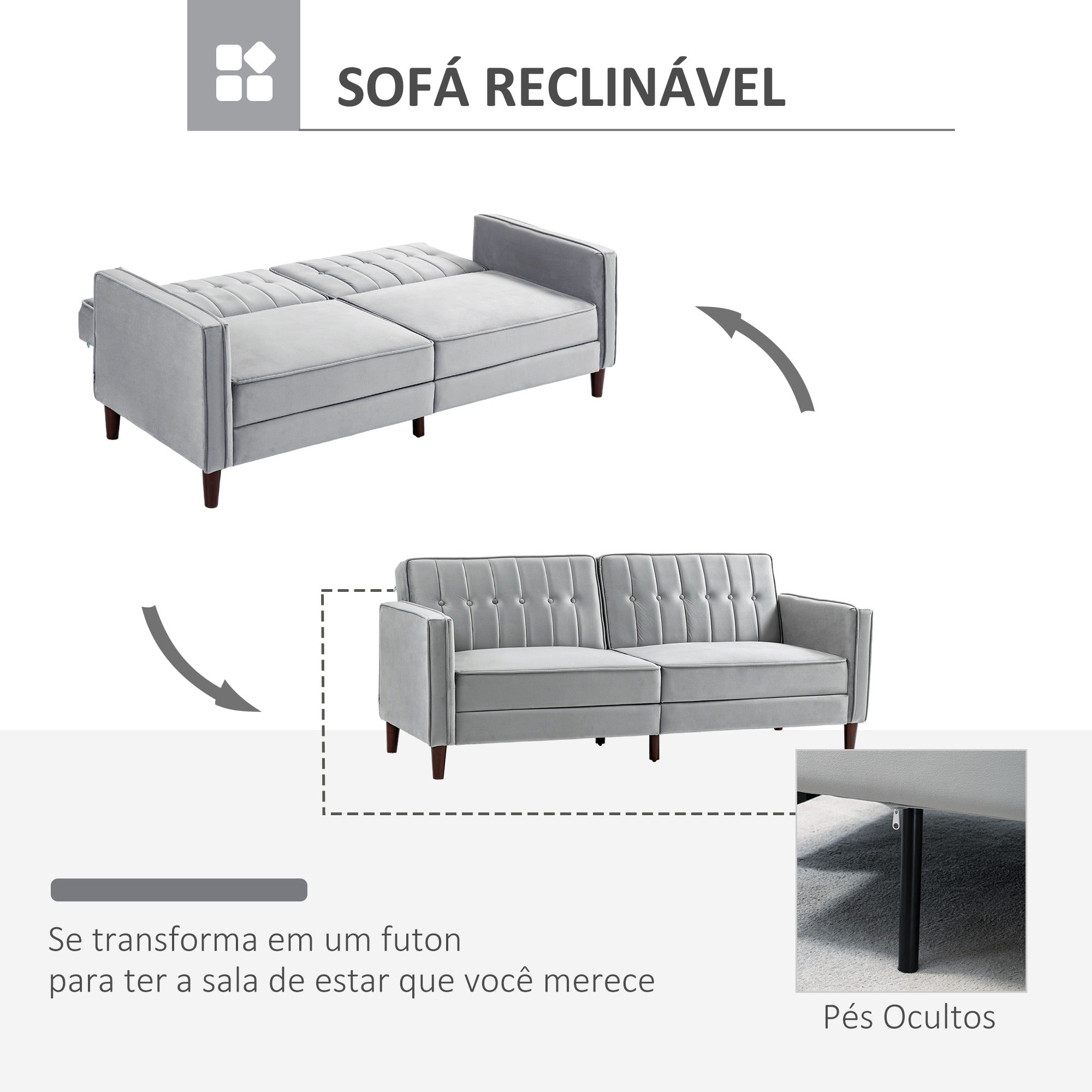 Sofá 2 Lugares Conversível em Cama Aveludada - 189x80,5x78,5 cm - Cinza Claro