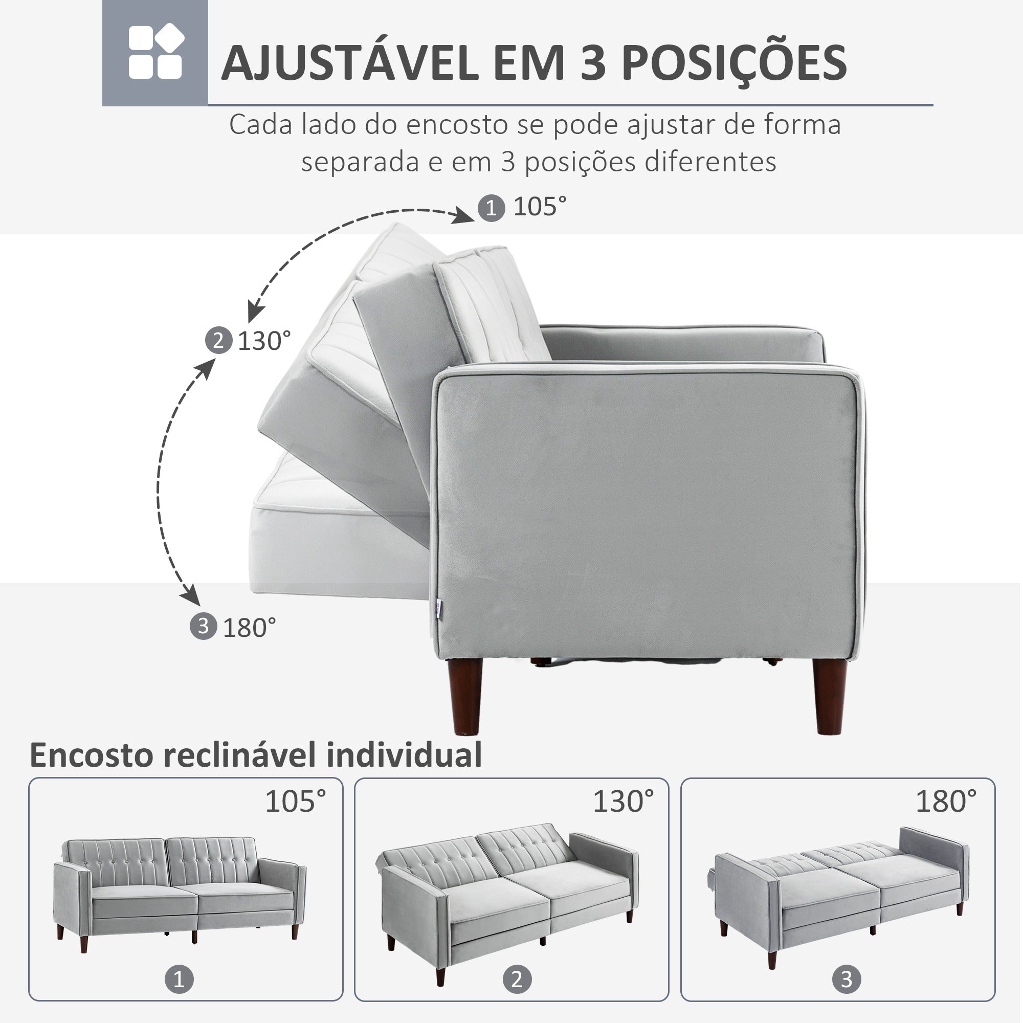 Sofá 2 Lugares Conversível em Cama Aveludada - 189x80,5x78,5 cm - Cinza Claro