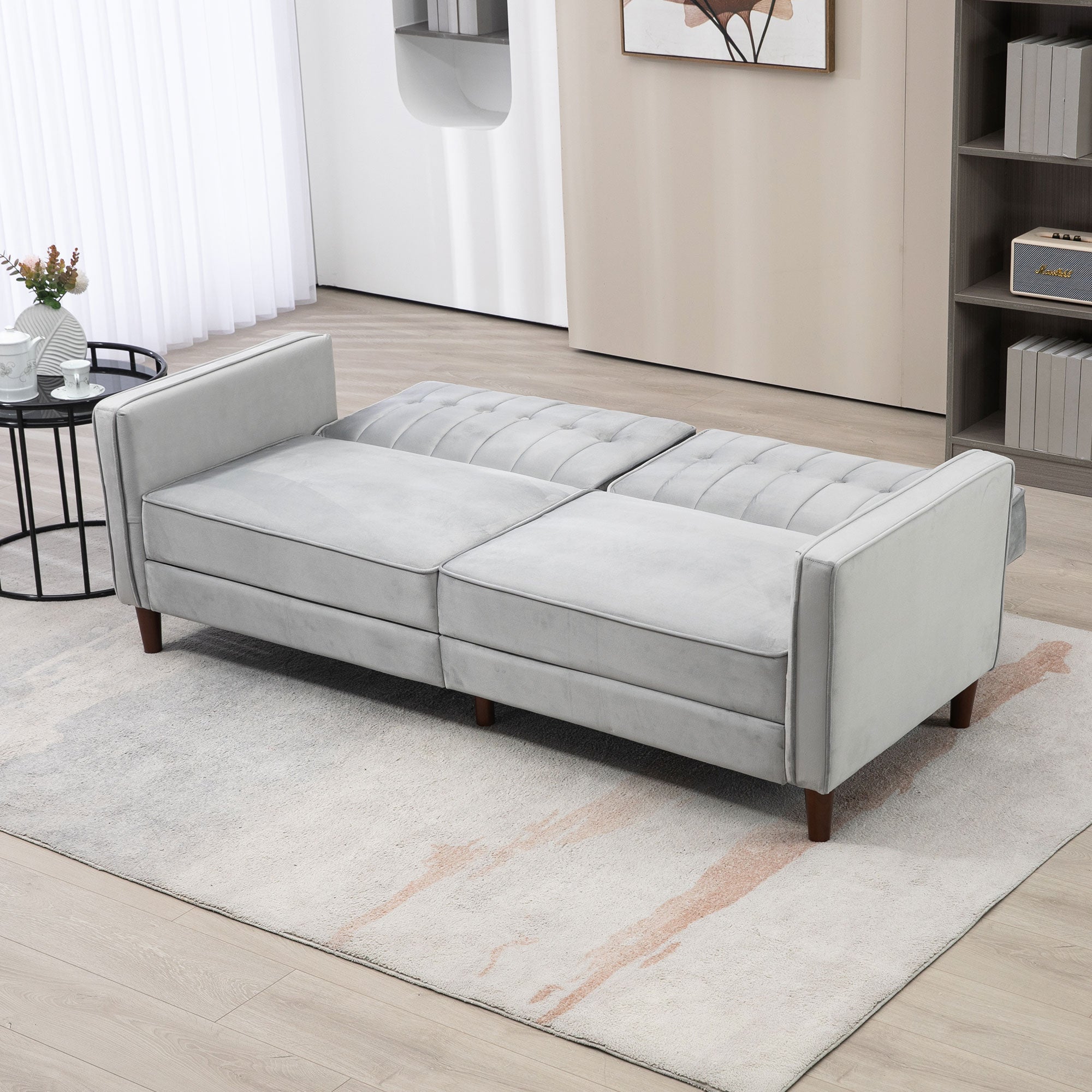Sofá 2 Lugares Conversível em Cama Aveludada - 189x80,5x78,5 cm - Cinza Claro