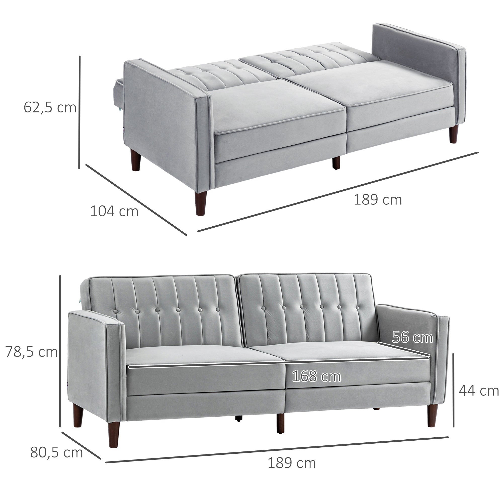 Sofá 2 Lugares Conversível em Cama Aveludada - 189x80,5x78,5 cm - Cinza Claro