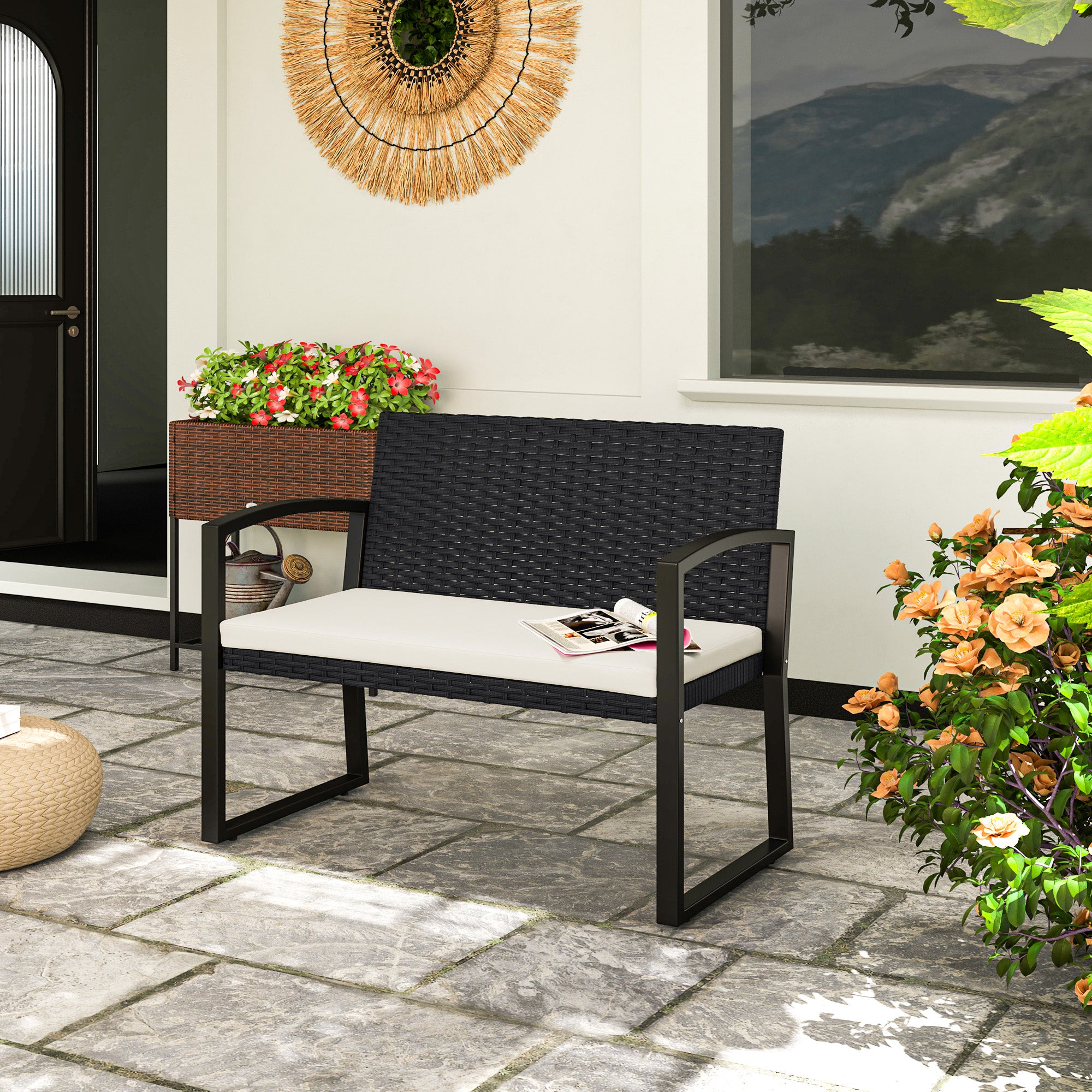 Banco de Jardim em Vime Sintético Bege 103x58x78 cm