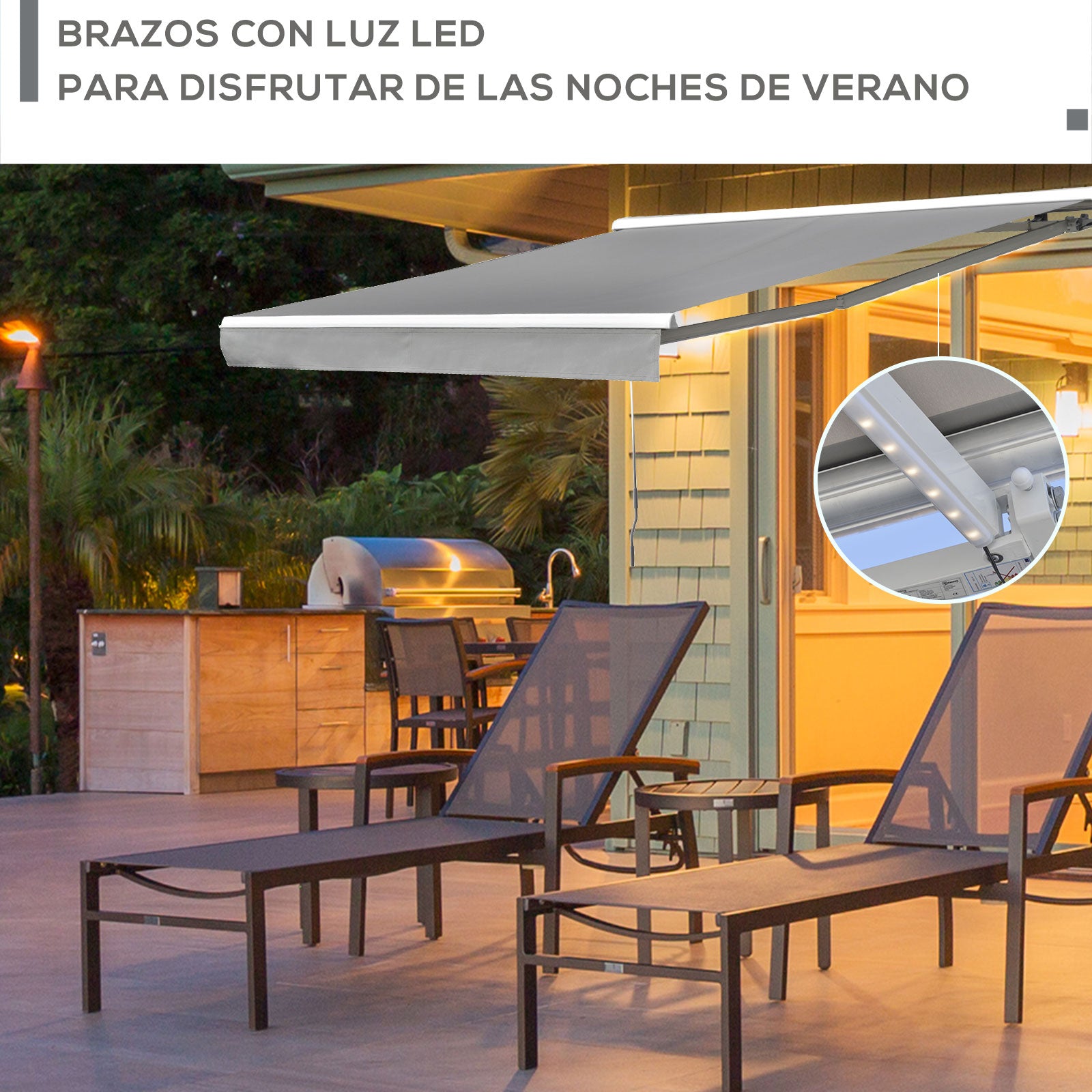 Toldo Retrátil 250x200 cm Cinzento com Luzes LED