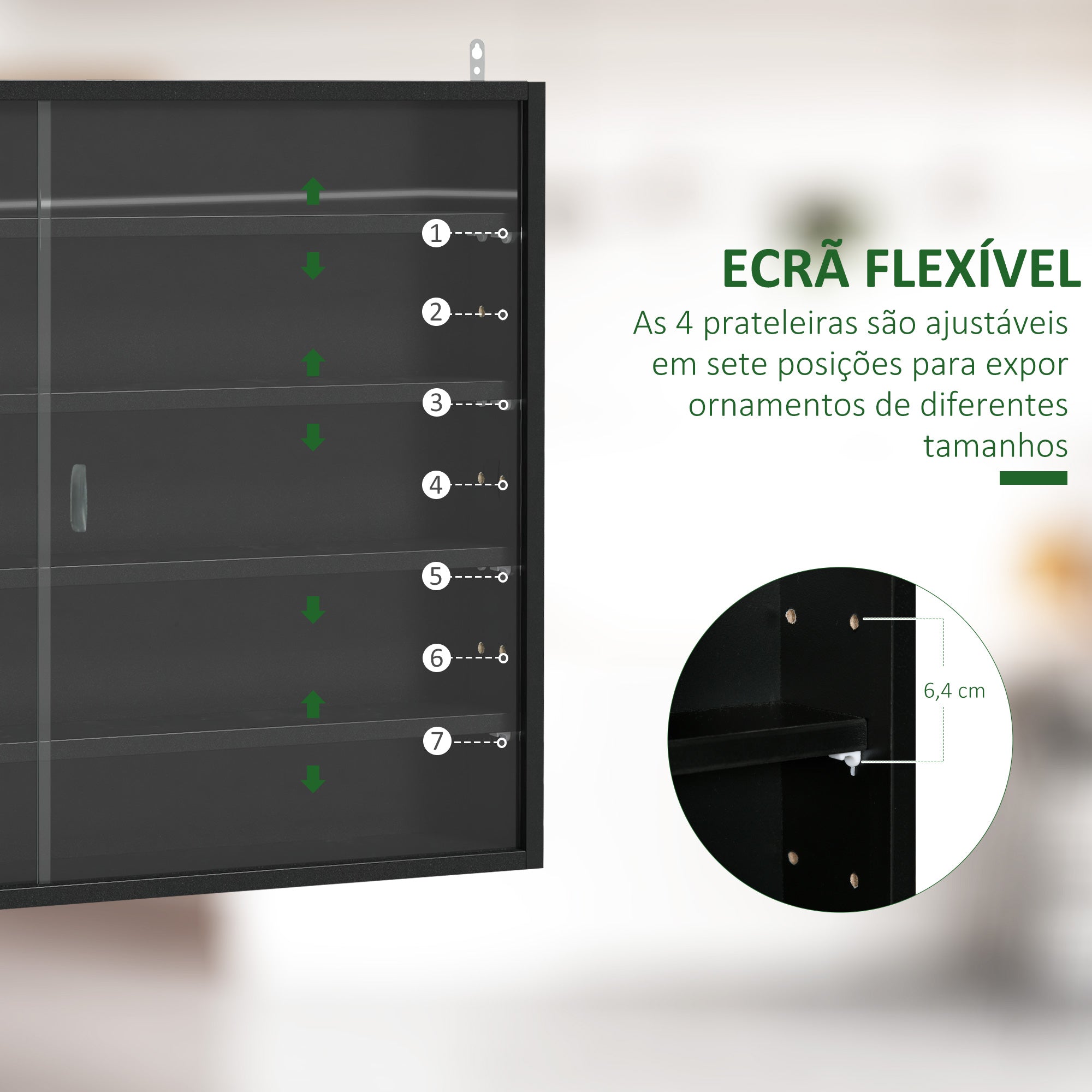 Vitrine de Parede com Prateleiras Ajustáveis e Portas de Vidro - 80x9,5x60 cm (Preto)