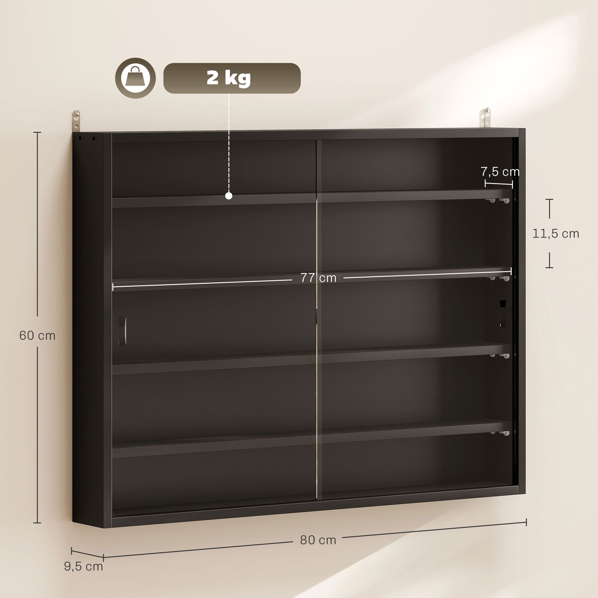 Vitrine de Parede com Prateleiras Ajustáveis e Portas de Vidro - 80x9,5x60 cm (Preto)