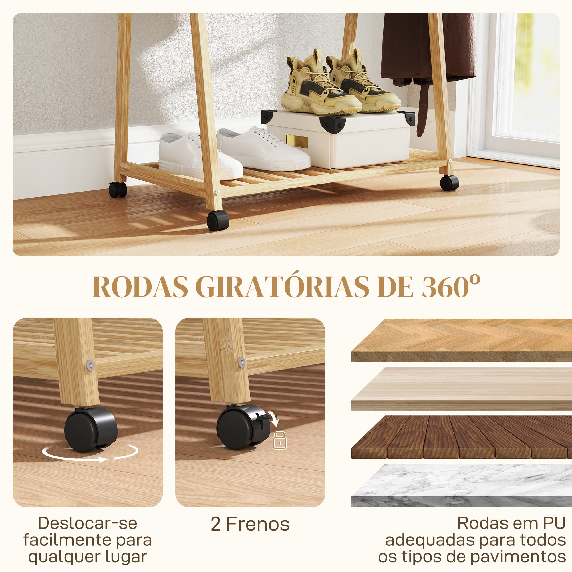 Charriot de Bambu para Roupa com Rodas 84,5x43,5x158 cm - Cor de Madeira Natural