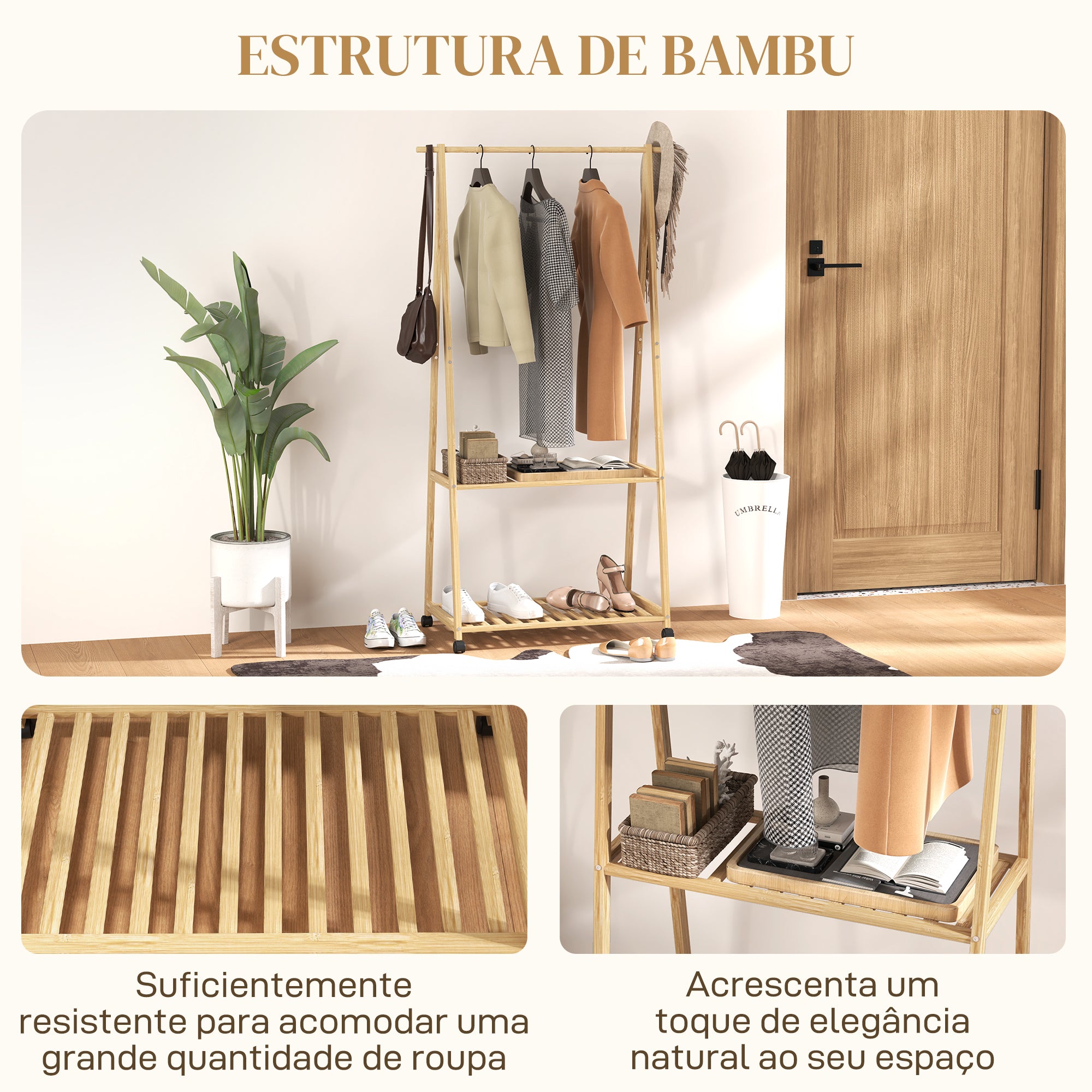 Charriot de Bambu para Roupa com Rodas 84,5x43,5x158 cm - Cor de Madeira Natural