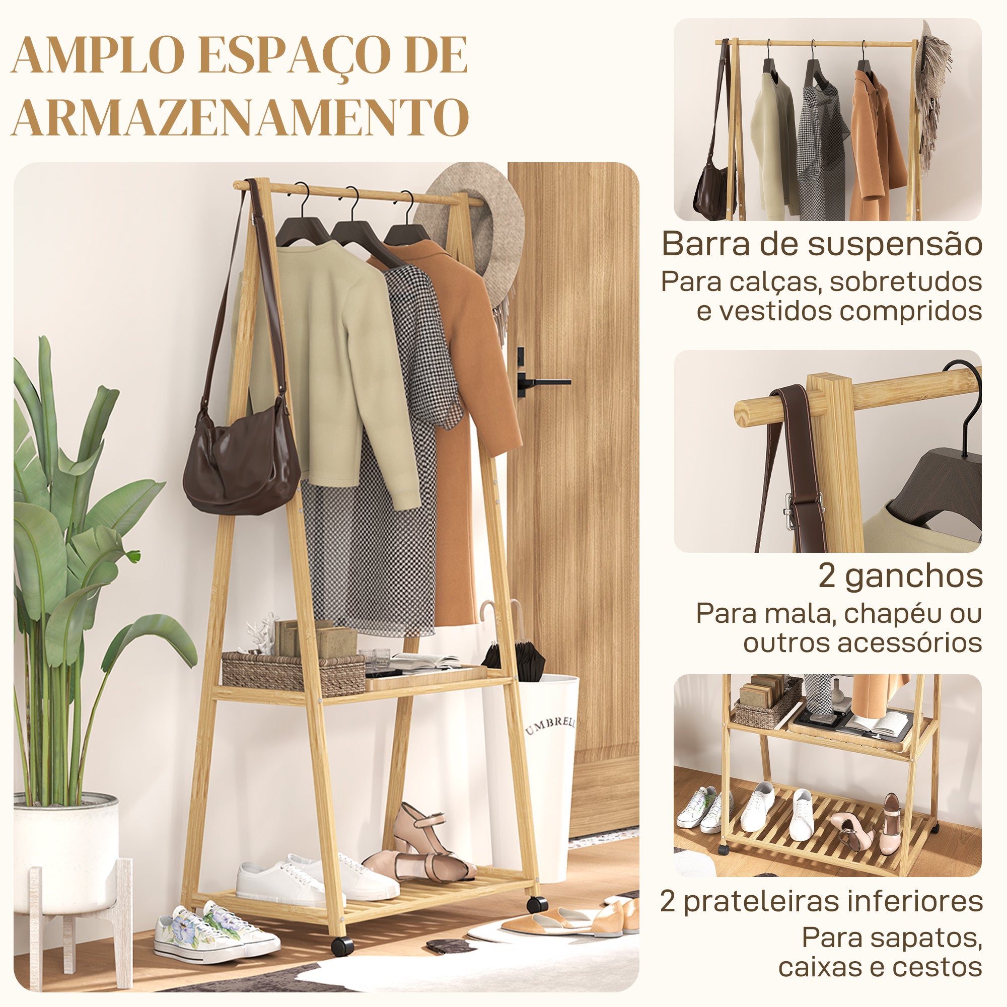 Charriot de Bambu para Roupa com Rodas 84,5x43,5x158 cm - Cor de Madeira Natural