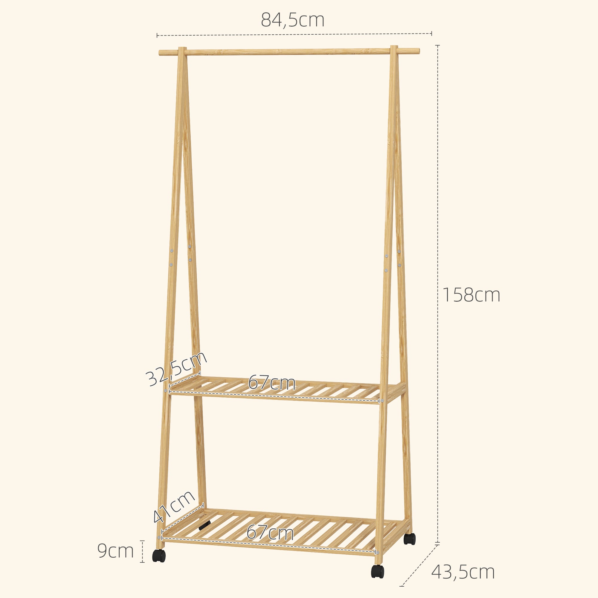 Charriot de Bambu para Roupa com Rodas 84,5x43,5x158 cm - Cor de Madeira Natural