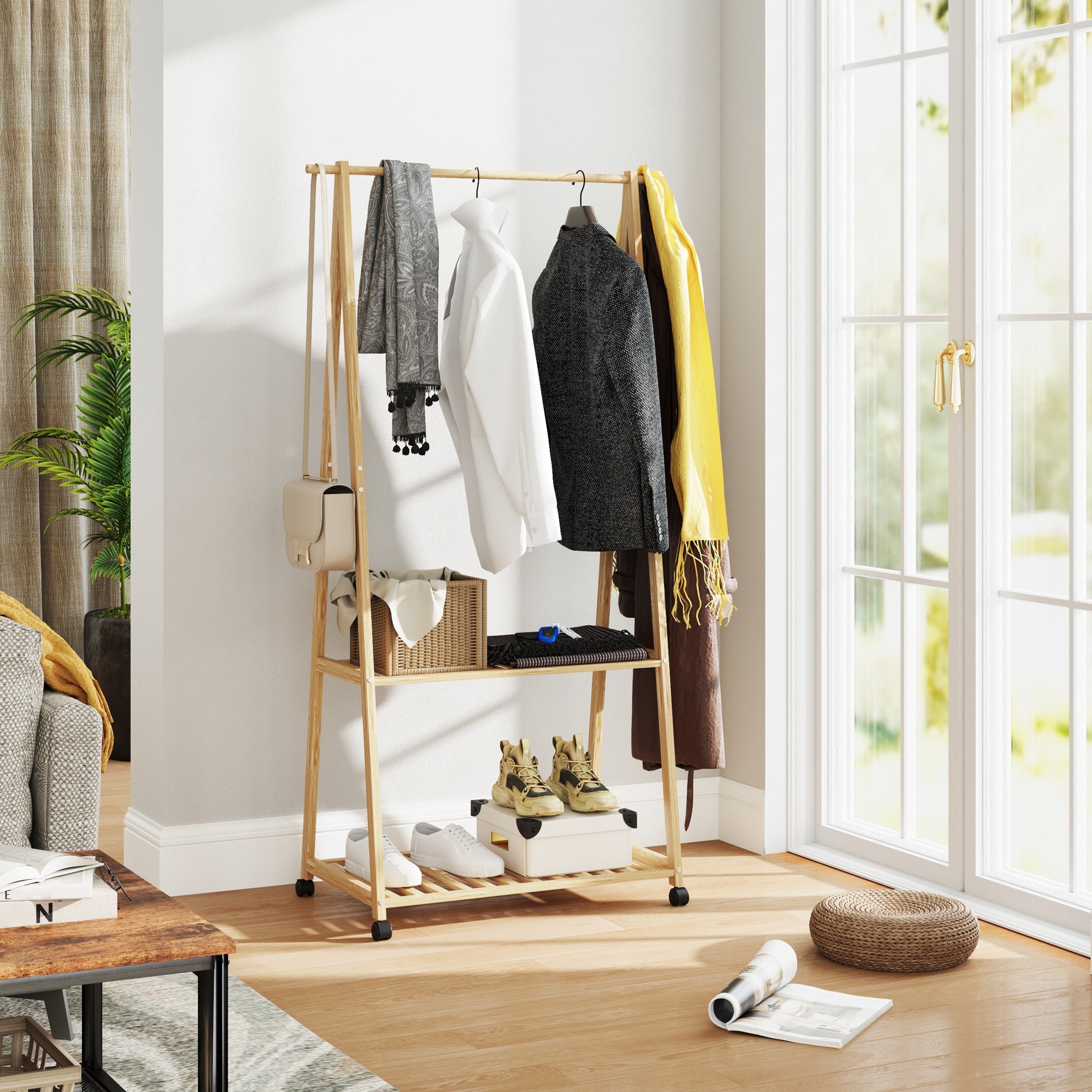 Charriot de Bambu para Roupa com Rodas 84,5x43,5x158 cm - Cor de Madeira Natural