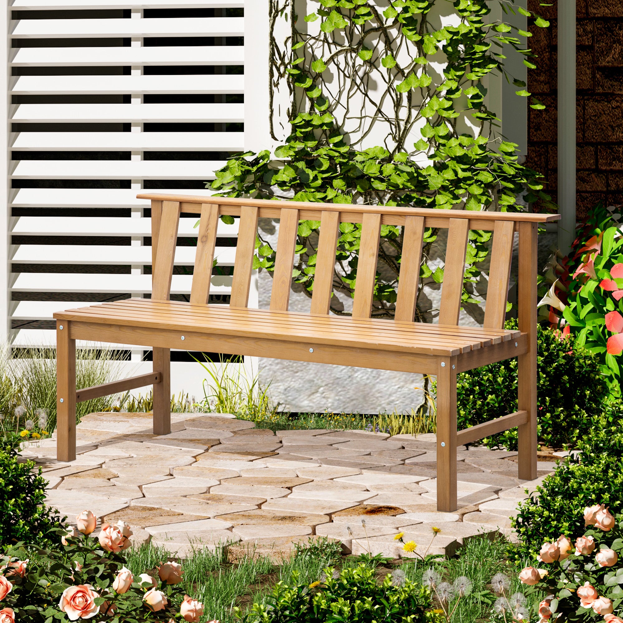 Banco de Jardim 3 Lugares Cor de Madeira Natural 144x60x77 cm