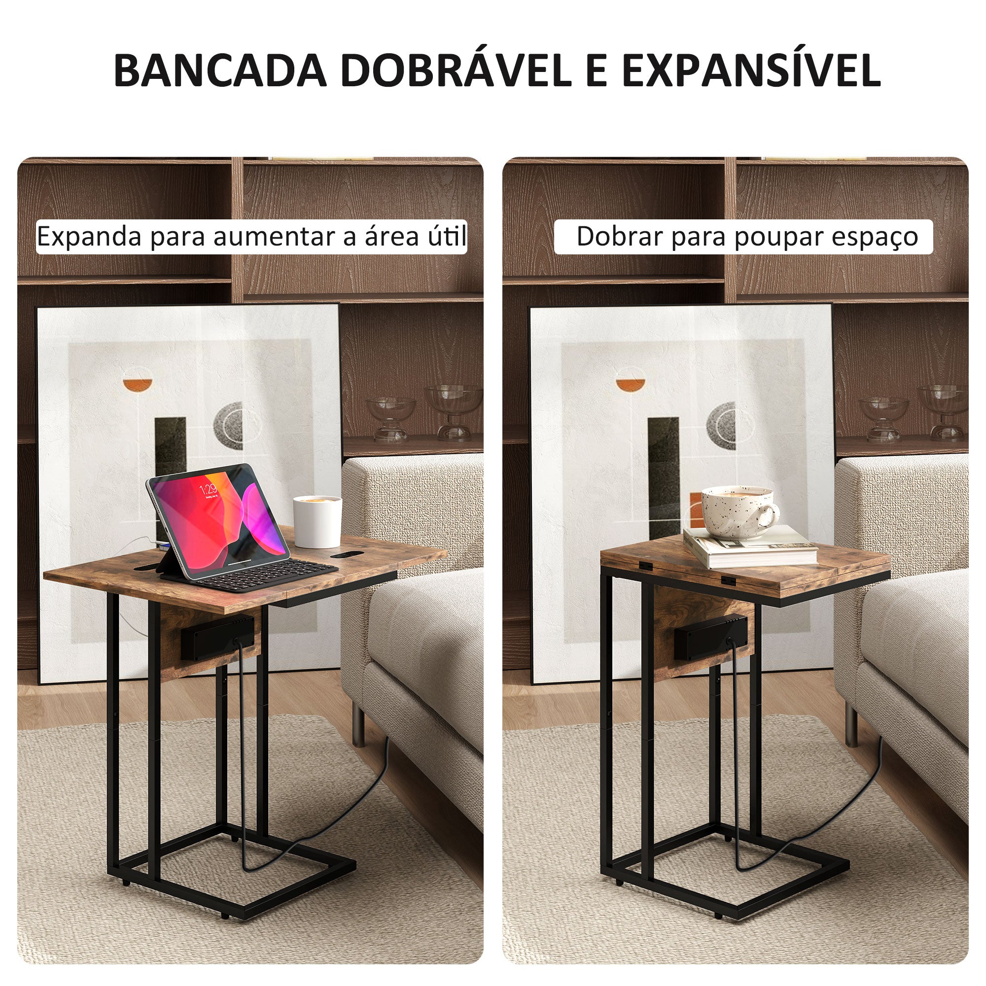 Mesa Auxiliar Extensível – 39x29x57cm – Preto – Metal e Melamina de Madeira