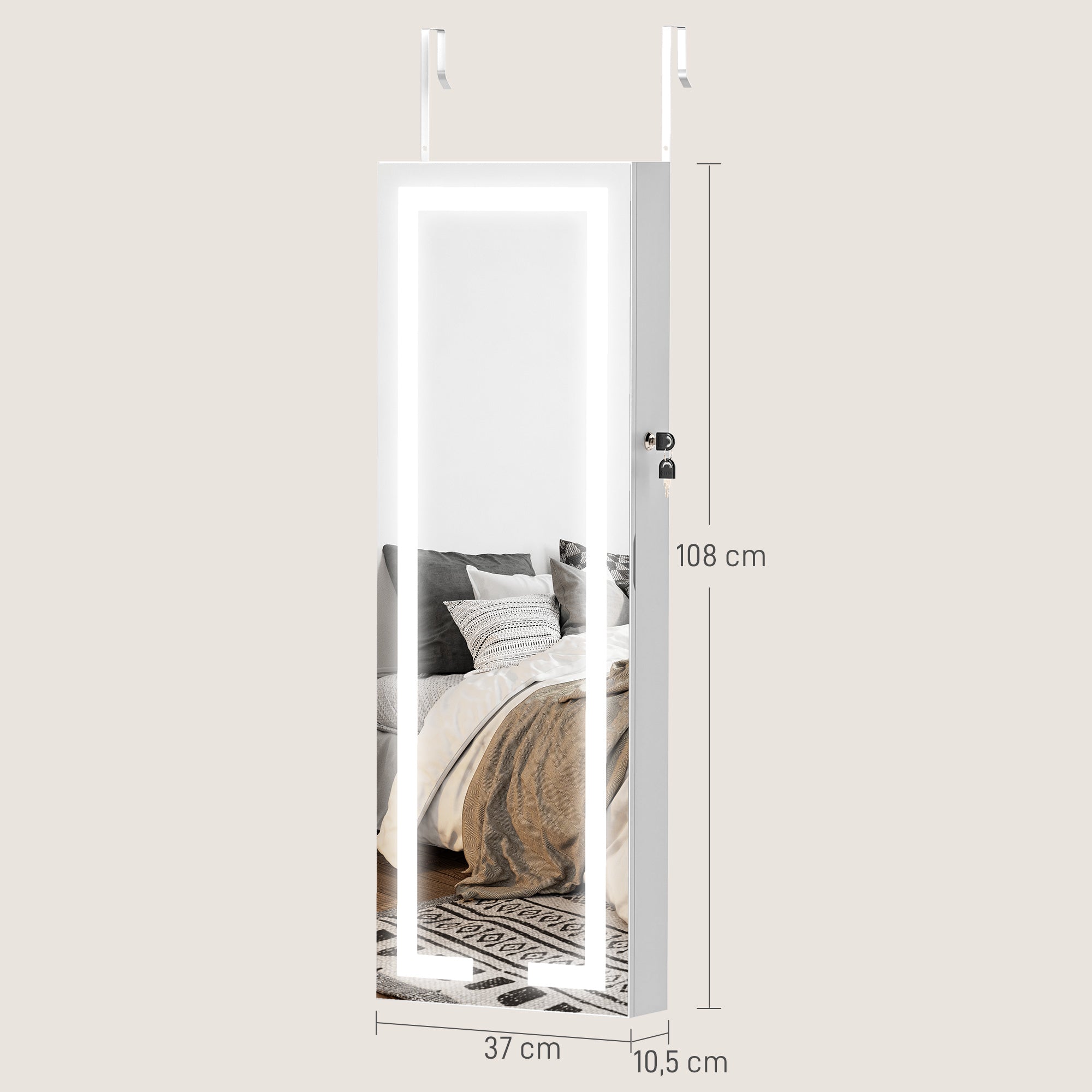Armário Joalheiro de Parede com Luzes LED e Fechadura 37x10,5x108 cm - Branco