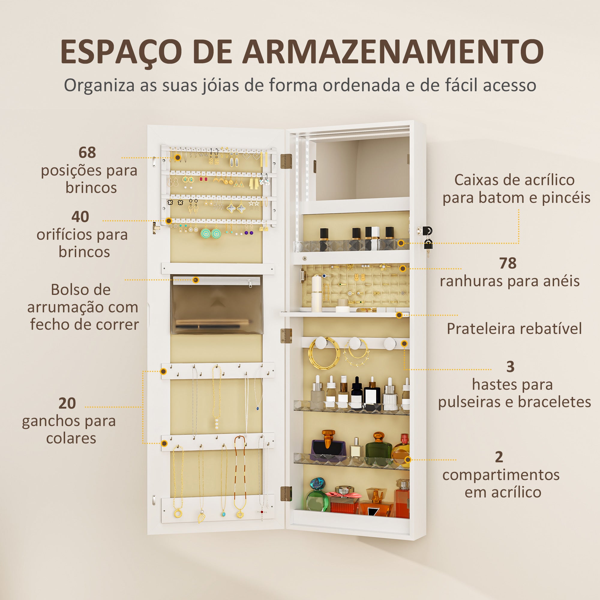 Armário Joalheiro de Parede com Luzes LED e Fechadura 37x10,5x108 cm - Branco