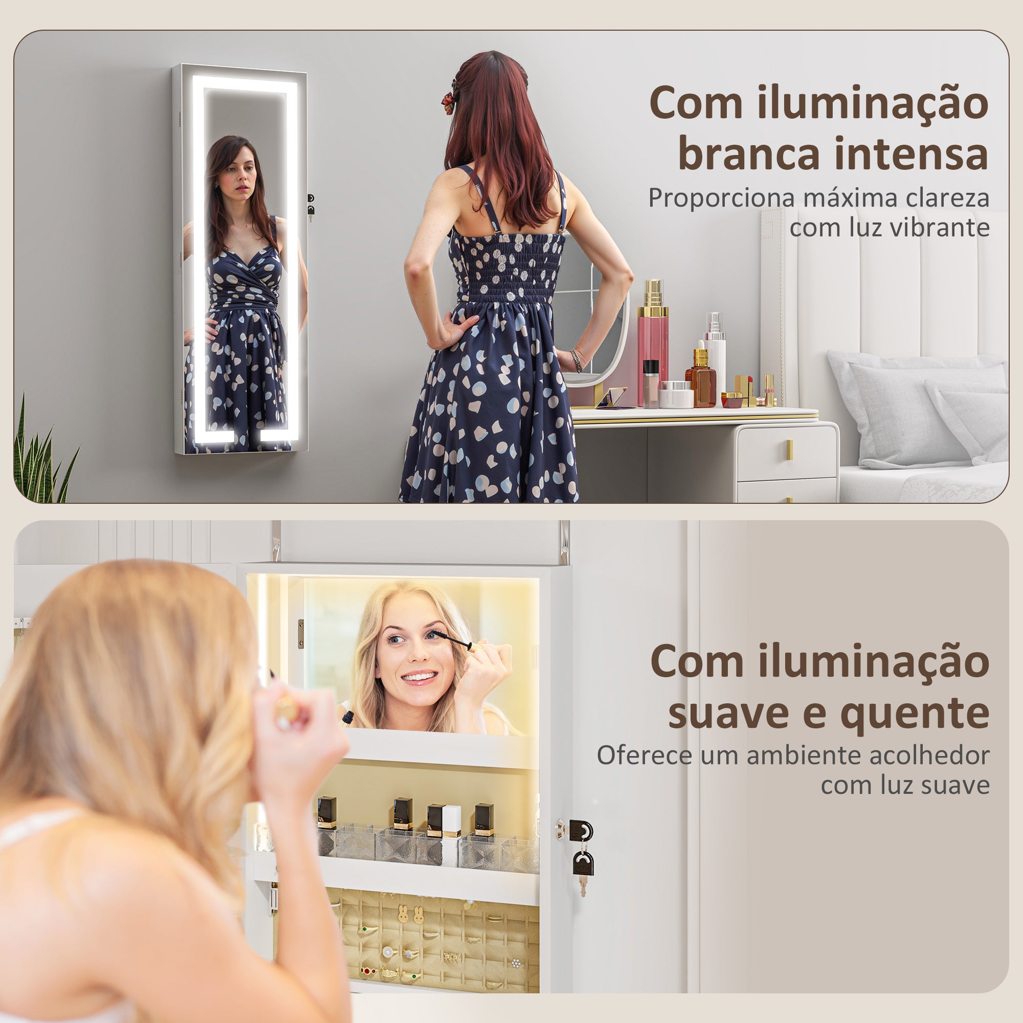 Armário Joalheiro de Parede com Luzes LED e Fechadura 37x10,5x108 cm - Branco
