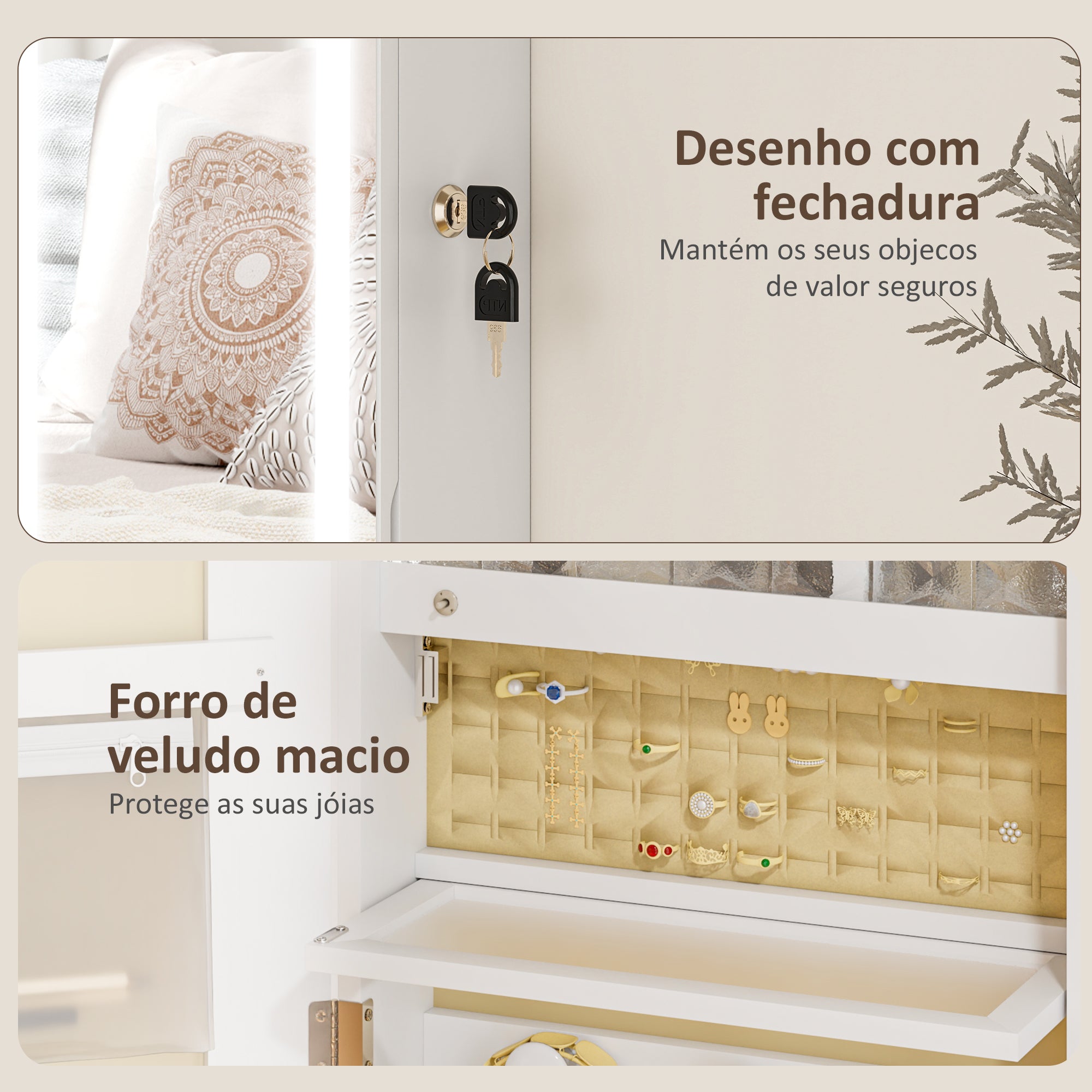 Armário Joalheiro de Parede com Luzes LED e Fechadura 37x10,5x108 cm - Branco