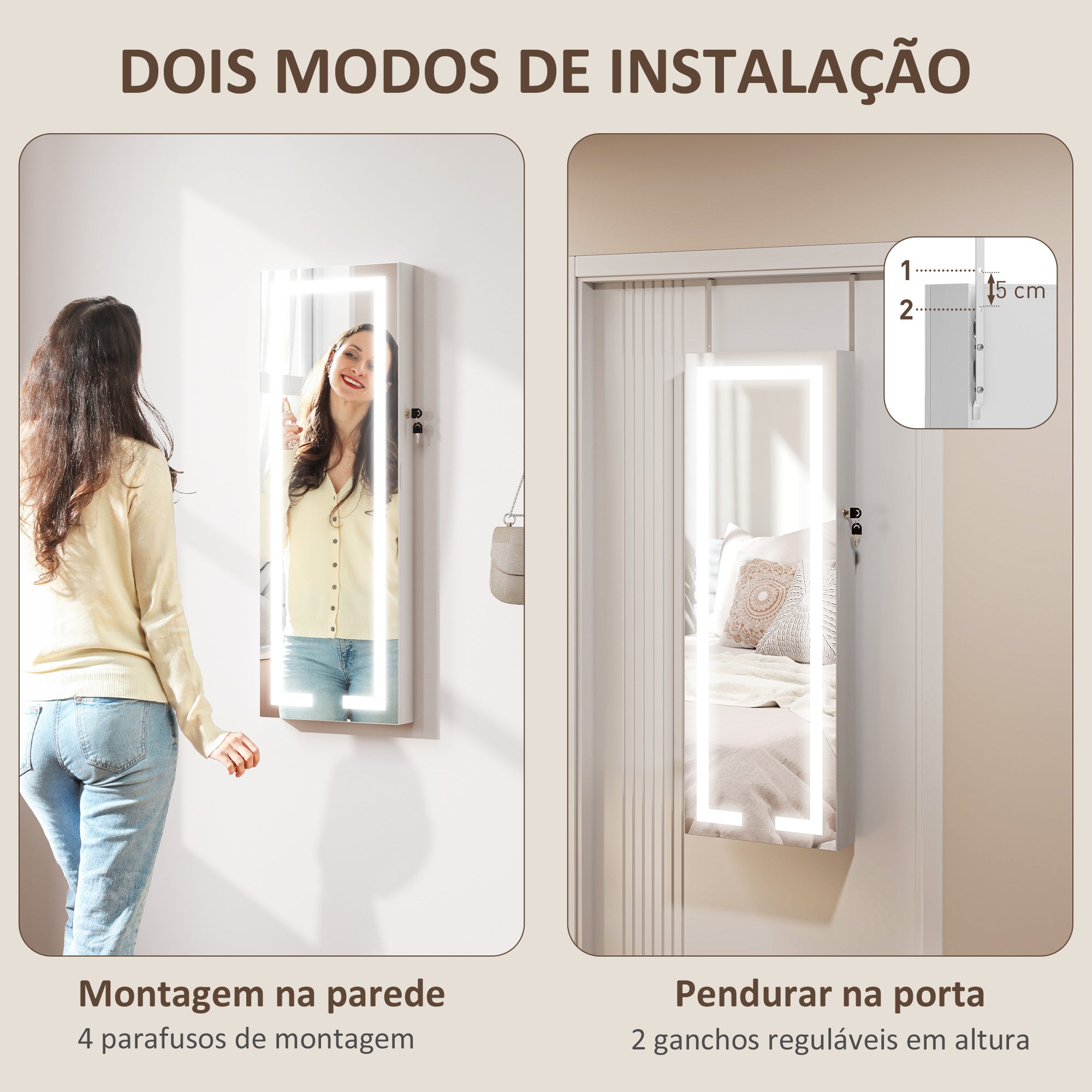 Armário Joalheiro de Parede com Luzes LED e Fechadura 37x10,5x108 cm - Branco