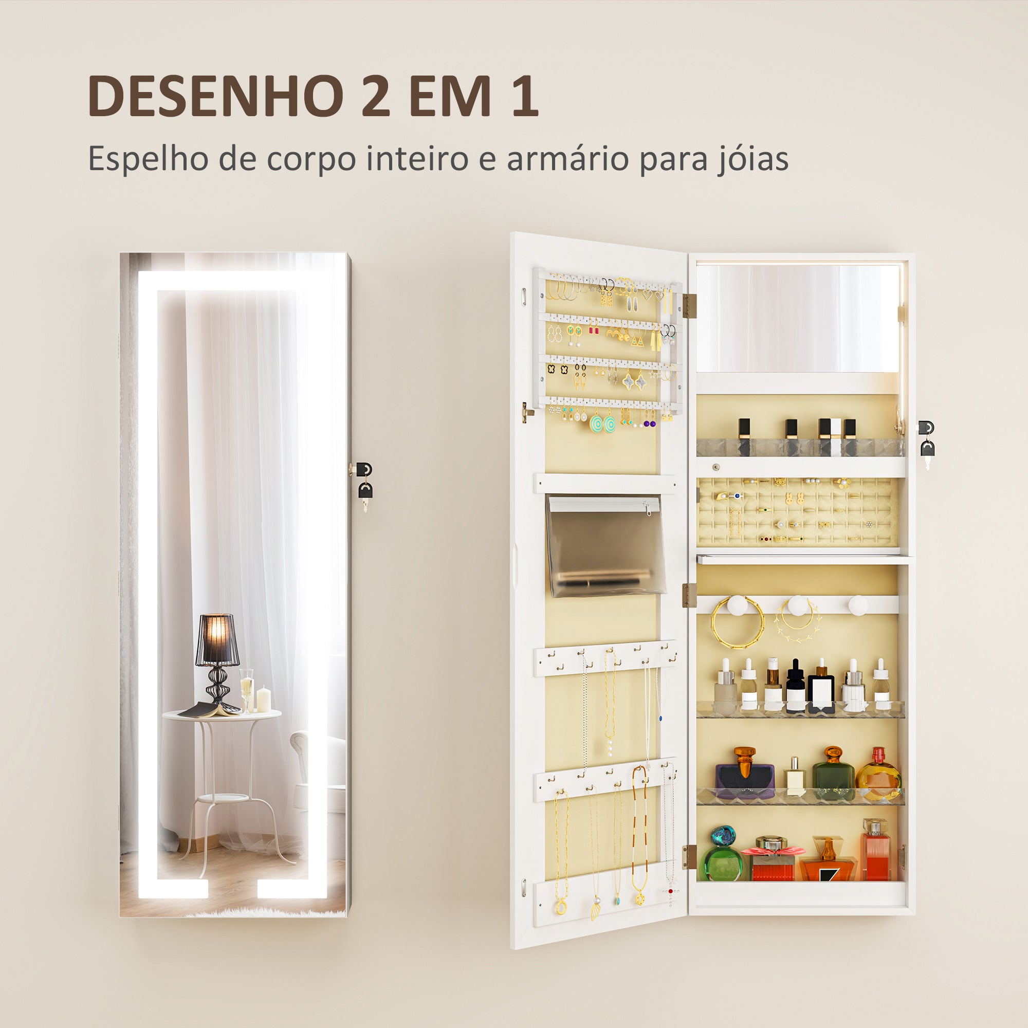 Armário Joalheiro de Parede com Luzes LED e Fechadura 37x10,5x108 cm - Branco