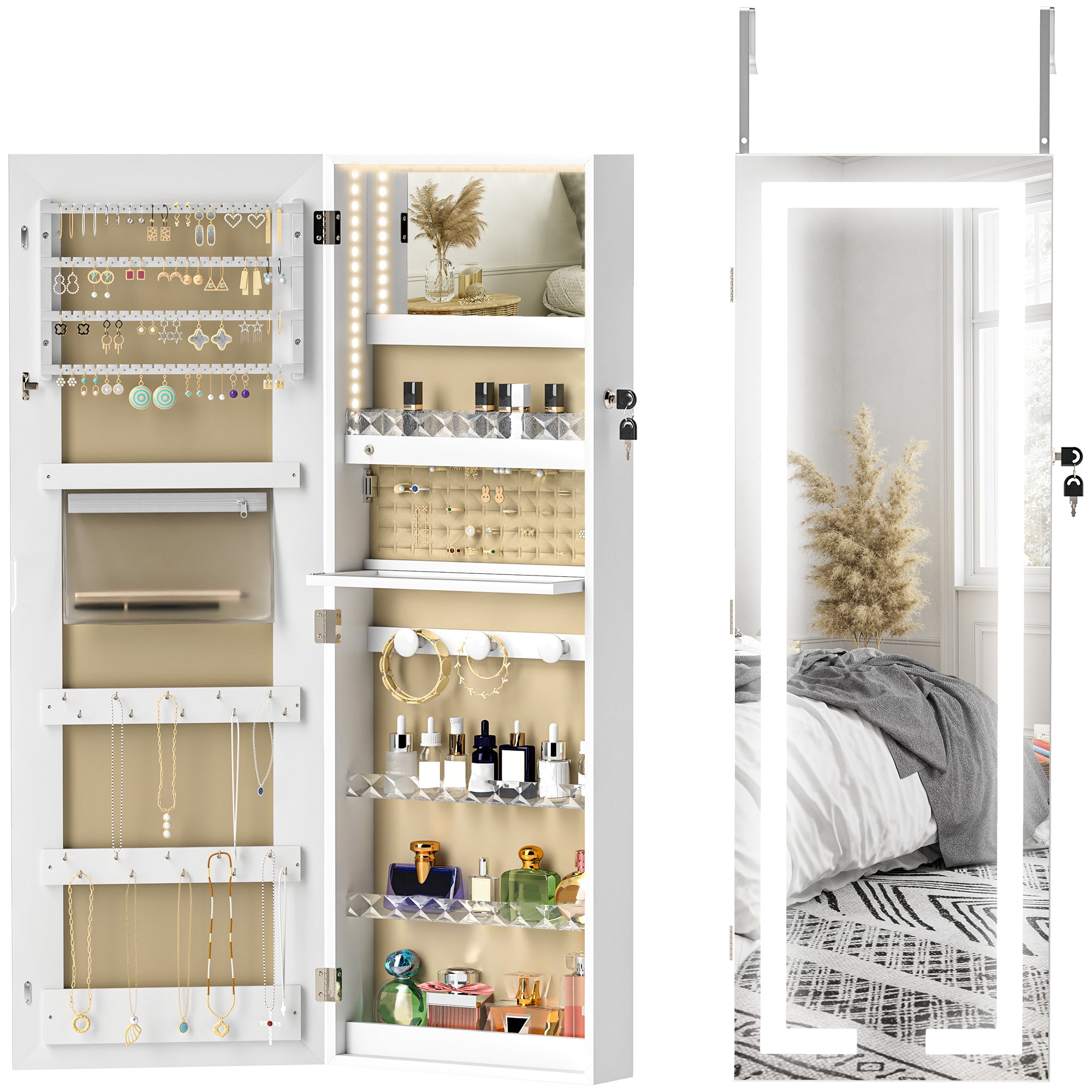 Armário Joalheiro de Parede com Luzes LED e Fechadura 37x10,5x108 cm - Branco