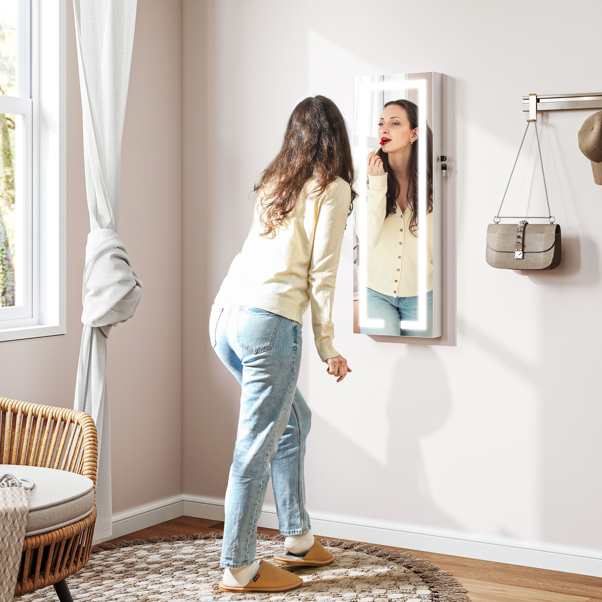 Armário Joalheiro de Parede com Luzes LED e Fechadura 37x10,5x108 cm - Branco