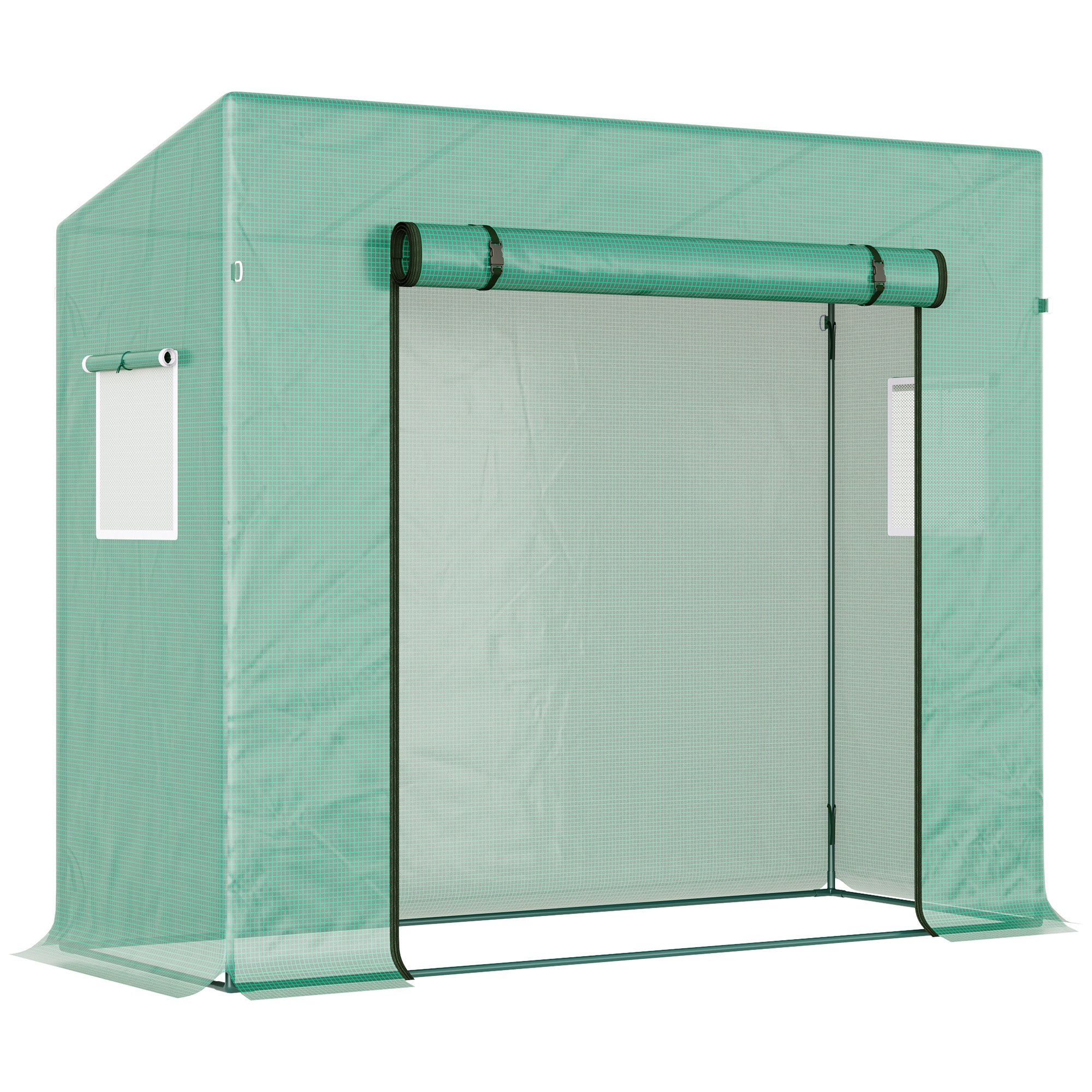 Estufa de Jardim Verde 200x73x168 cm com Tubos de Aço, 1 Porta e 2 Janelas Enroláveis